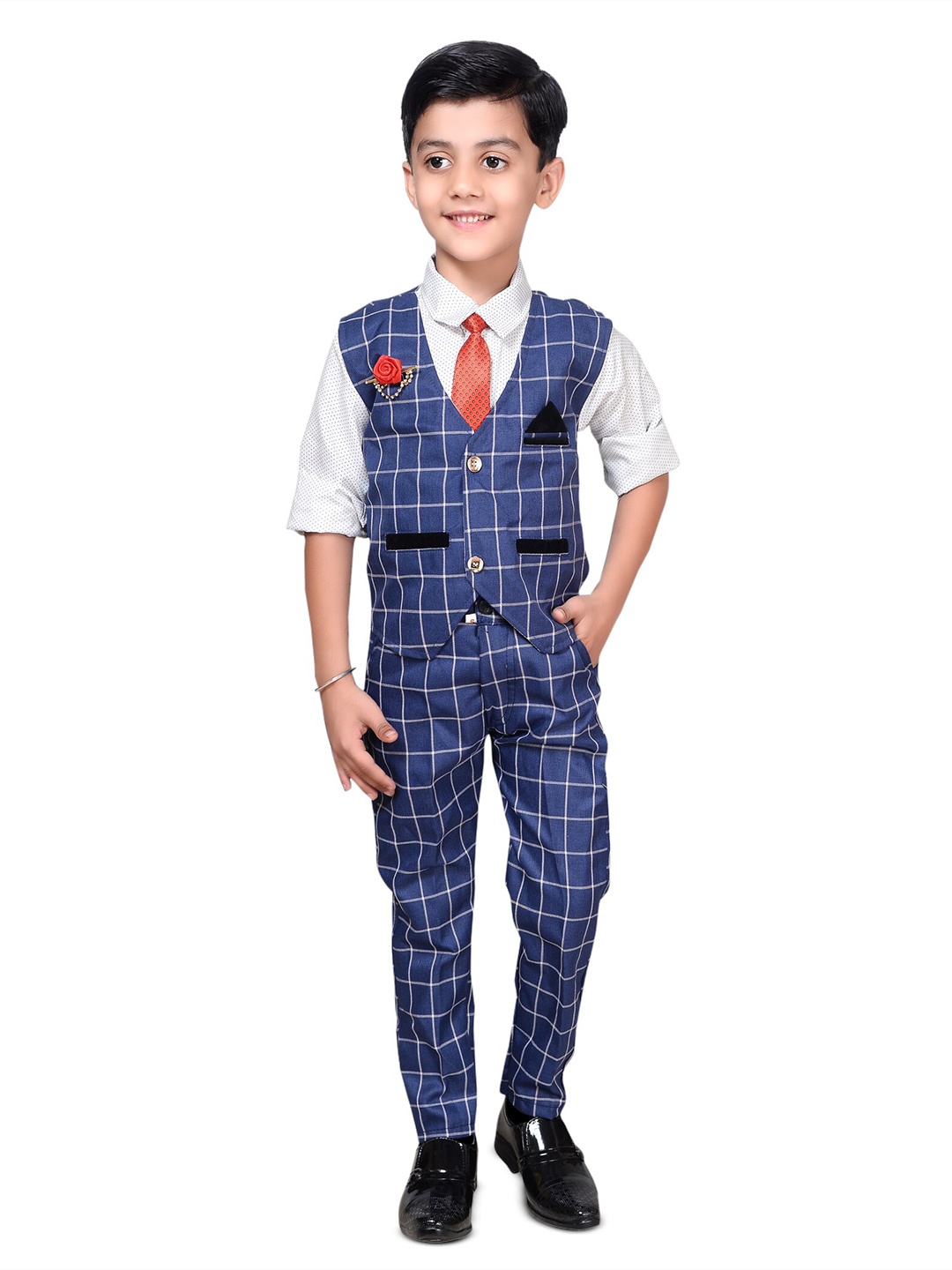 

BAESD Boys Regular Fit Checked Shirt & Waistcoat with Trousers, Blue