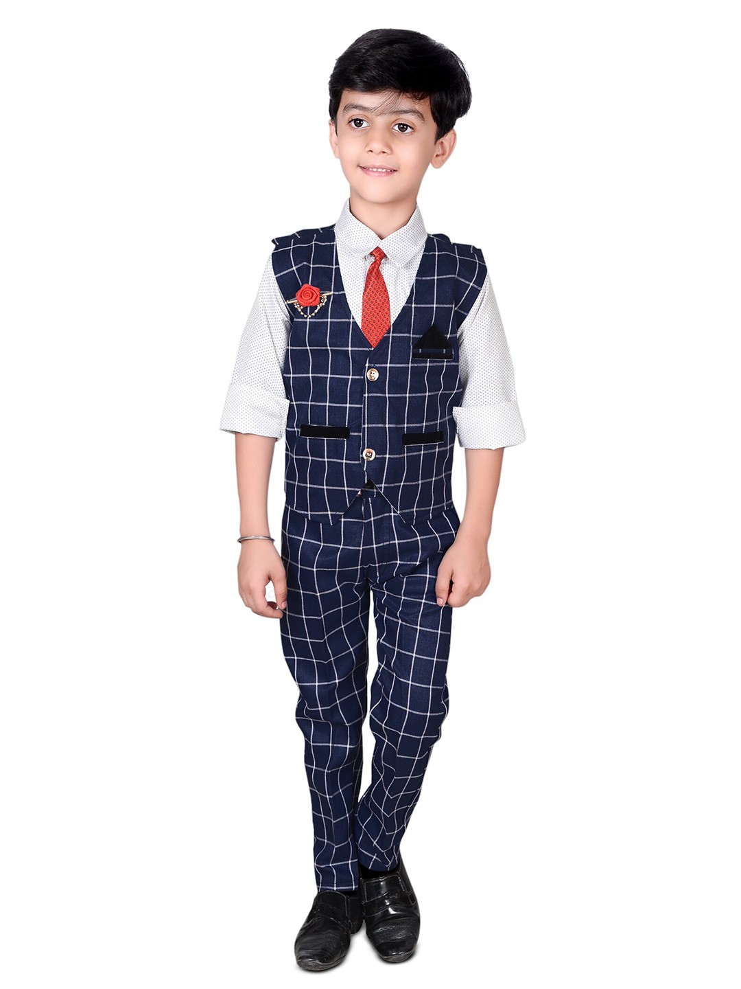 

BAESD Boys Regular Fit Checked 3-Piece Set, Navy blue
