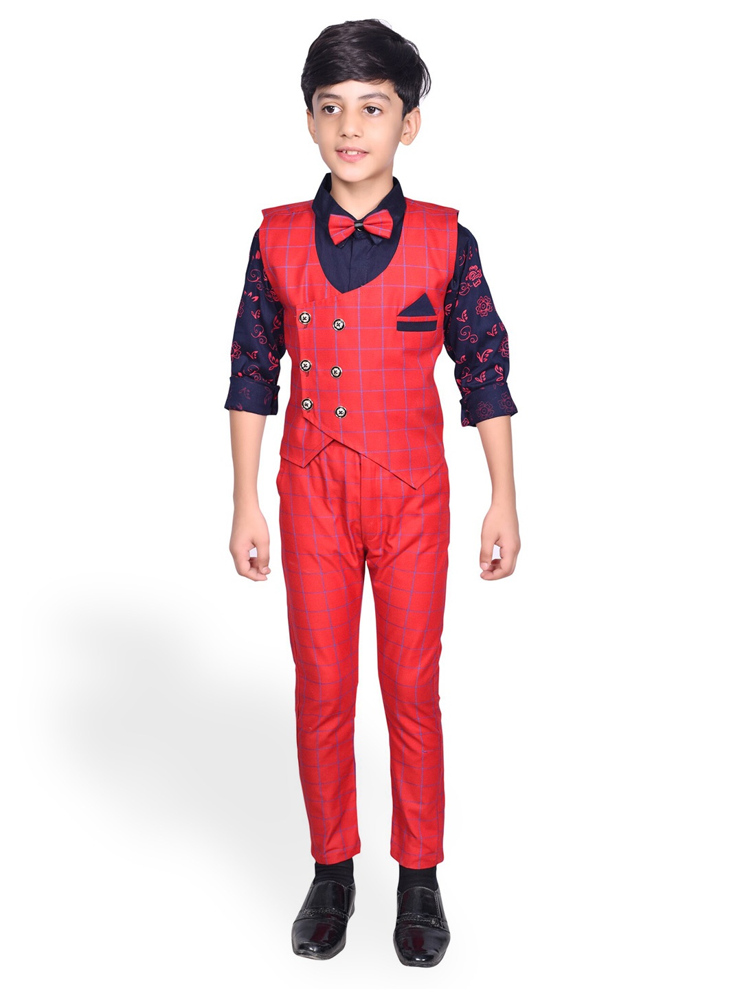 

BAESD Boys Regular Fit Checked 3-Piece Set, Red