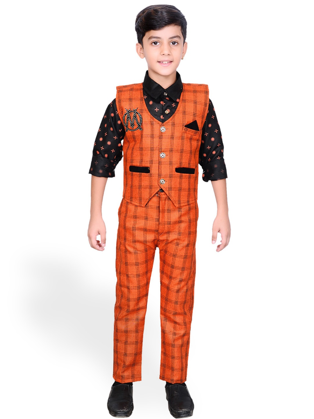 

BAESD Boys Checked Cotton Shirt & Trousers With Waistcoat Set, Orange