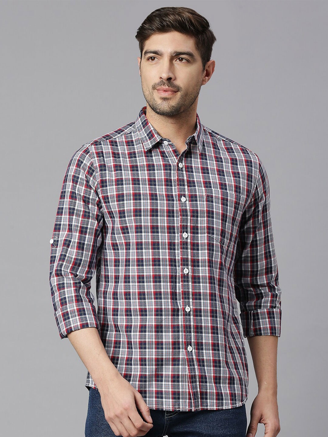 

HERE&NOW Classic Tartan Checked Cotton Casual Shirt, Navy blue