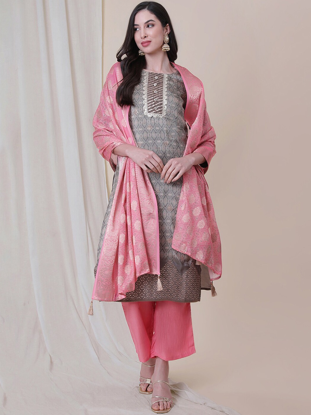 

Be Indi Woven Design Chanderi Silk Kurta Set with Palazzo & Dupatta, Brown