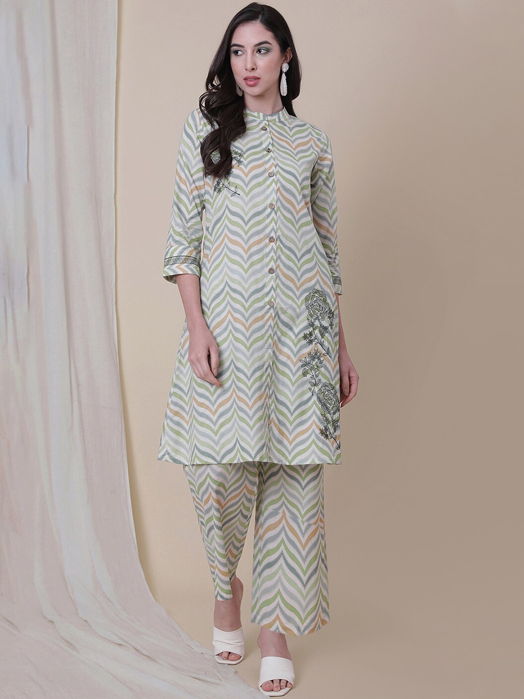 

Be Indi Women Chevron Printed A-Line Kurta Set with Palazzo, White