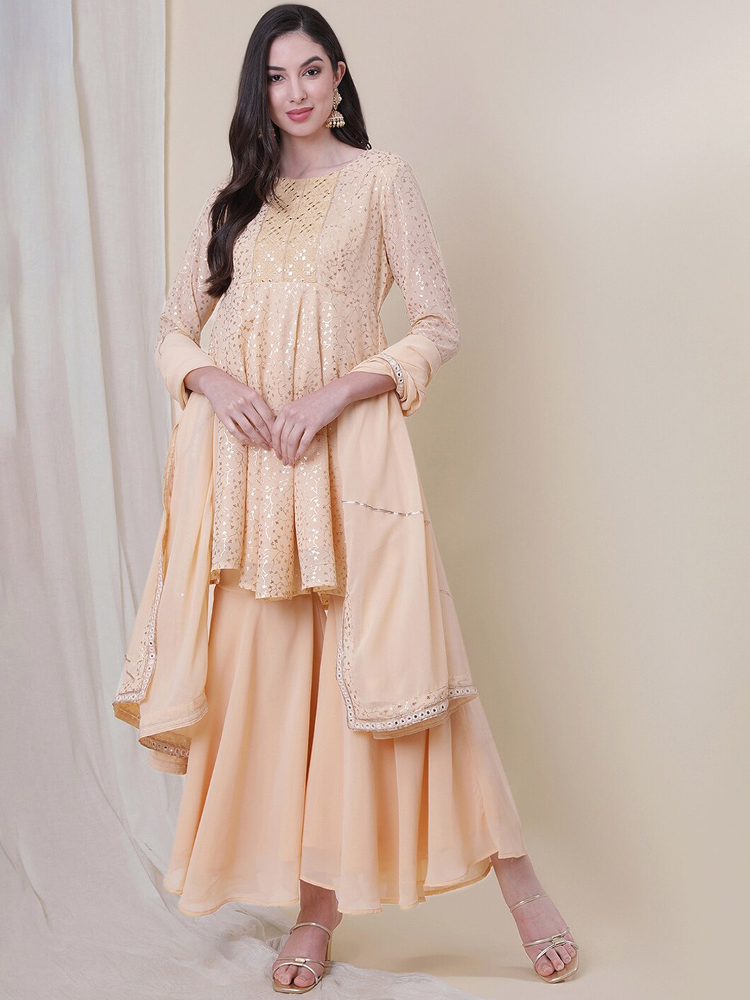 

Be Indi Women Embroidered A-Line Georgette Kurta Set with Sharara & Dupatta, Beige
