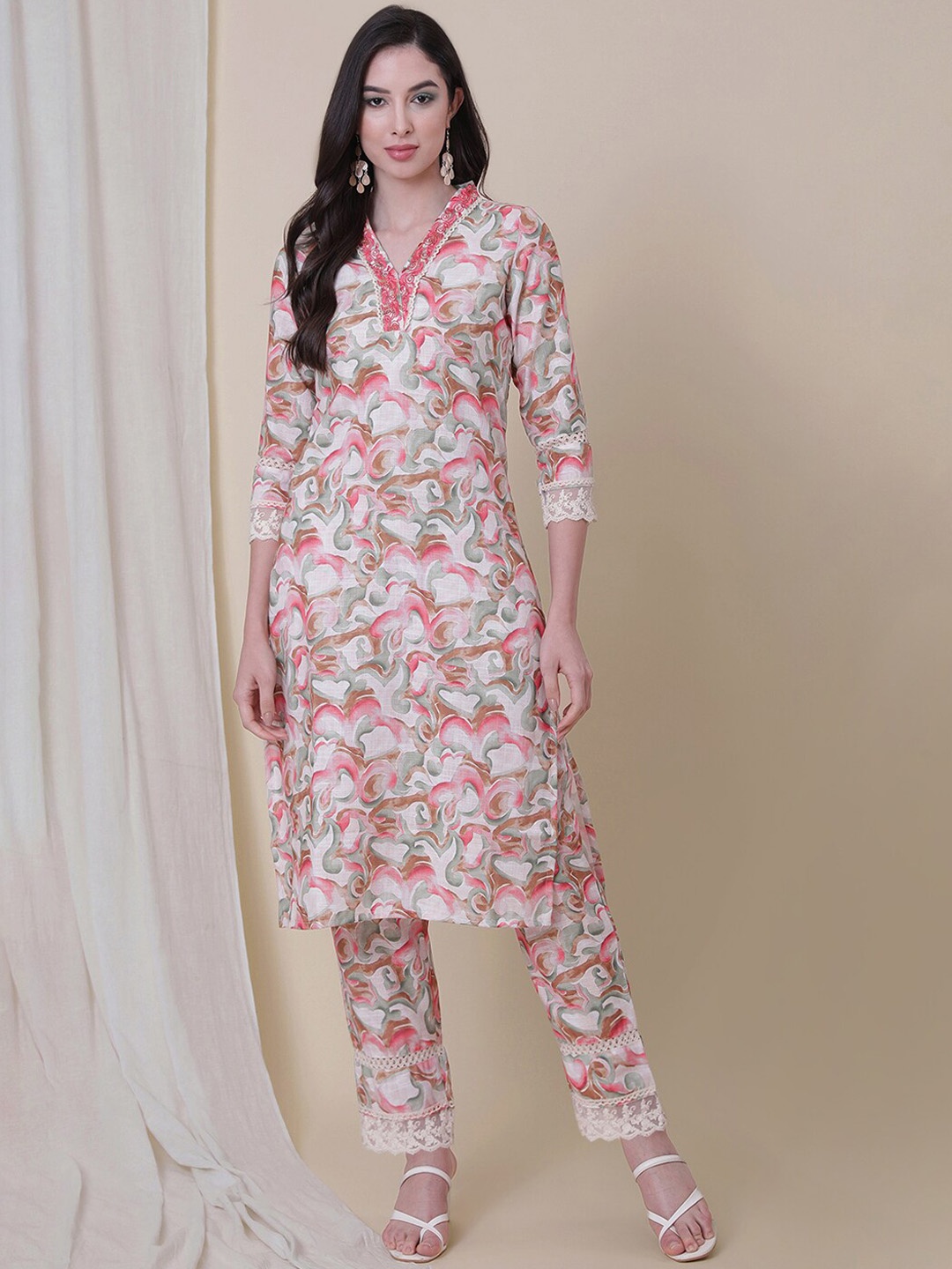 

Be Indi Abstract Printed Straight Linen Kurta Set with Trouser, White