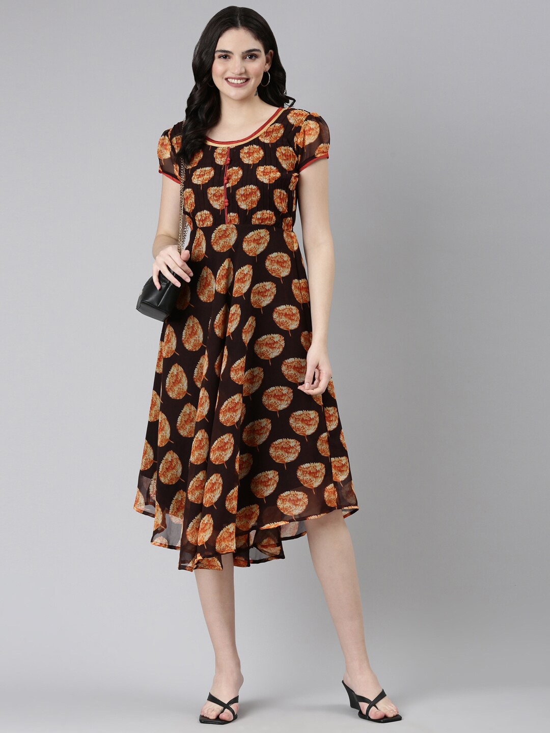 

Souchii Floral Printed A-Line Midi Dress, Brown