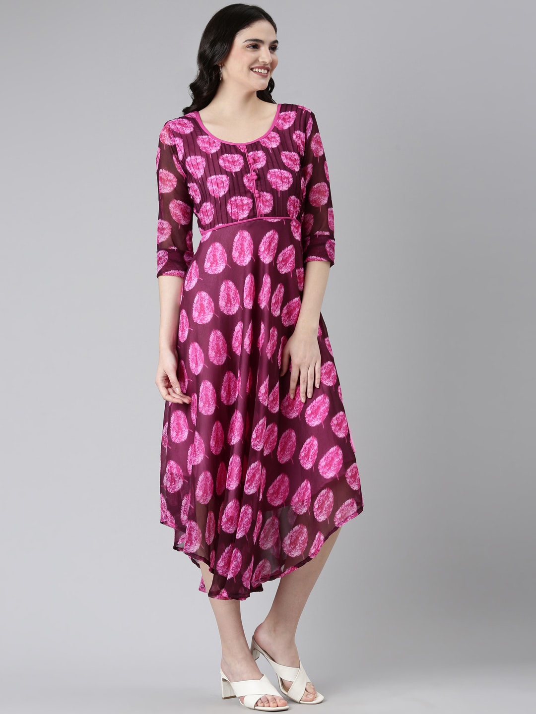 

Souchii Floral Motifs Printed Chiffon Fit & Flare Midi Dress, Purple