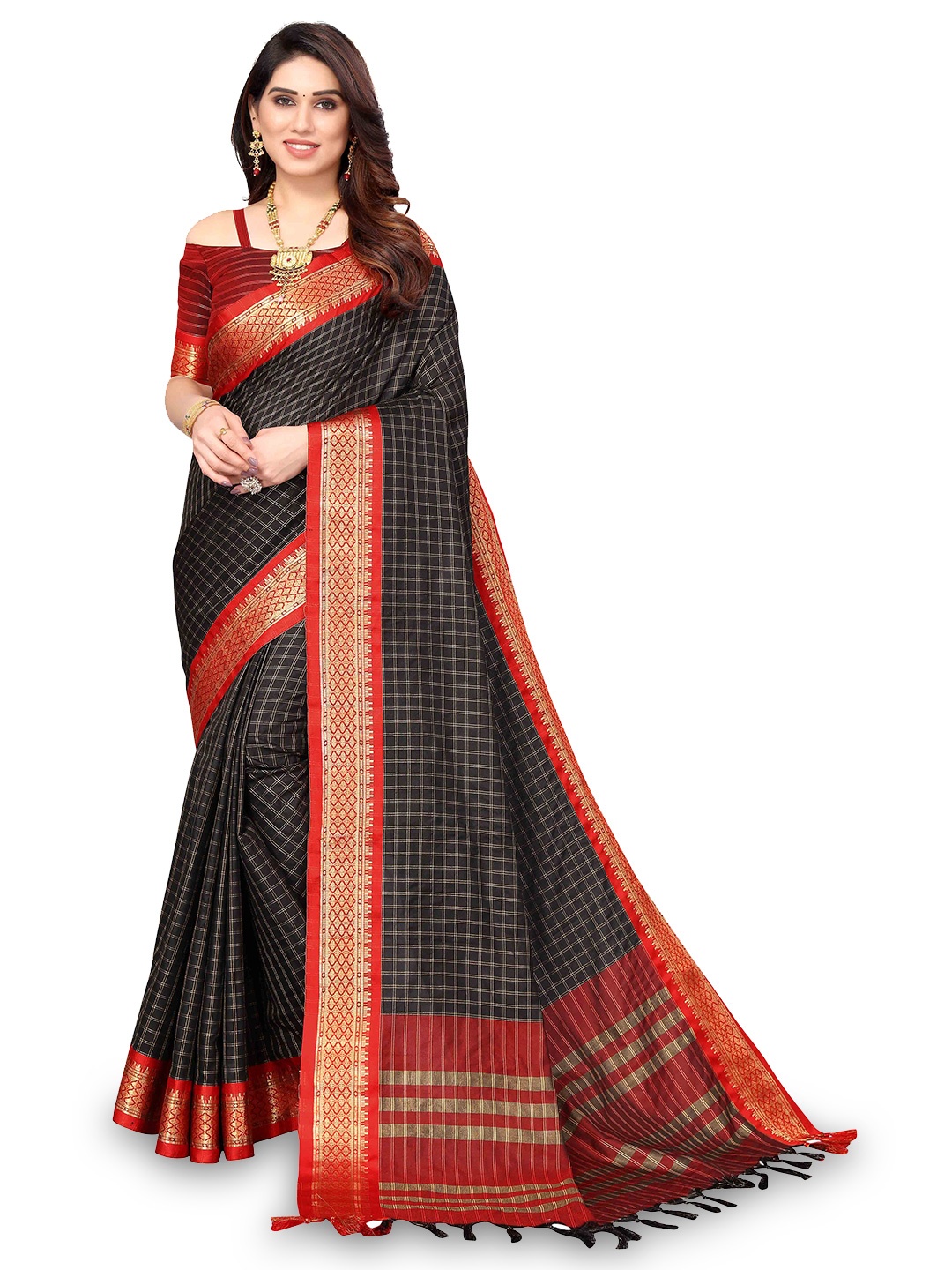 

MAGMINA Checked Woven Design Zari Silk Cotton Kanjeevaram Saree, Black
