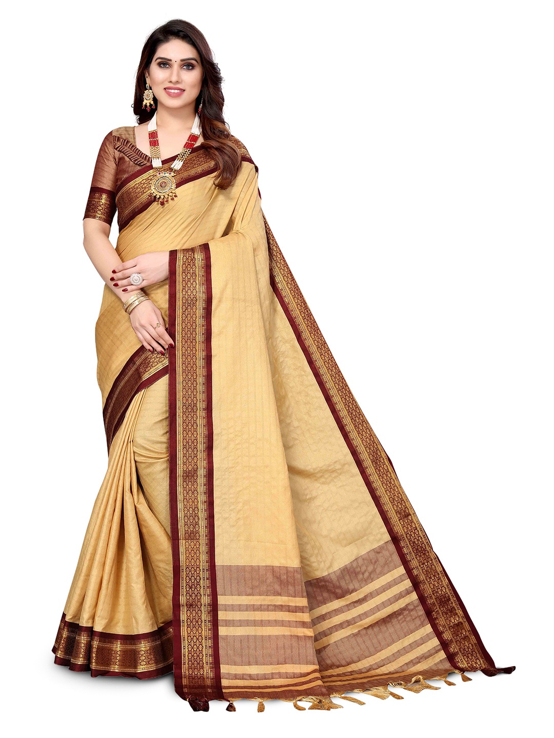 

MAGMINA Checked Zari Silk Cotton Kanjeevaram Saree, Beige