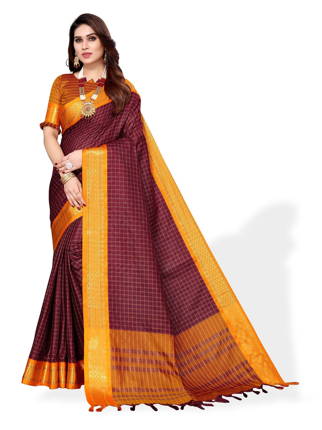 

MAGMINA Checked Zari Silk Cotton Kanjeevaram Saree, Maroon