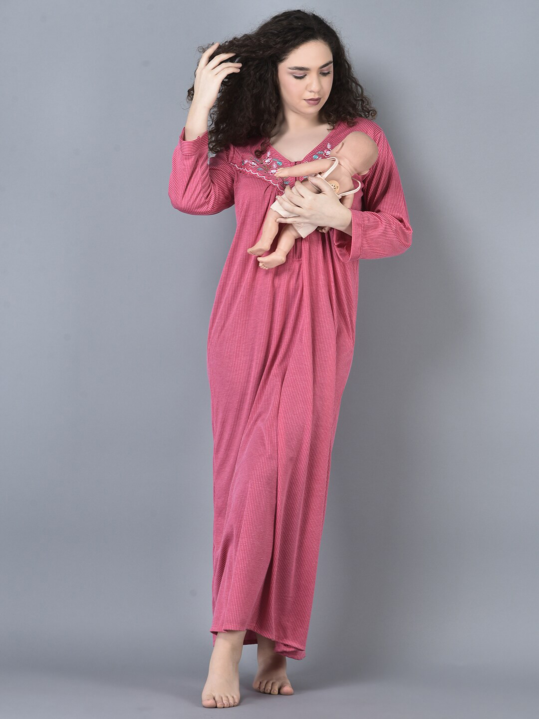 

Noty Striped Long Sleeves Maternity Maxi Nightdress, Fuchsia
