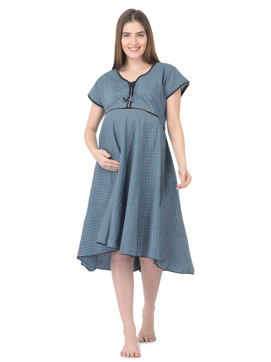 

Noty Checked Maternity Cotton Midi Nightdress, Blue