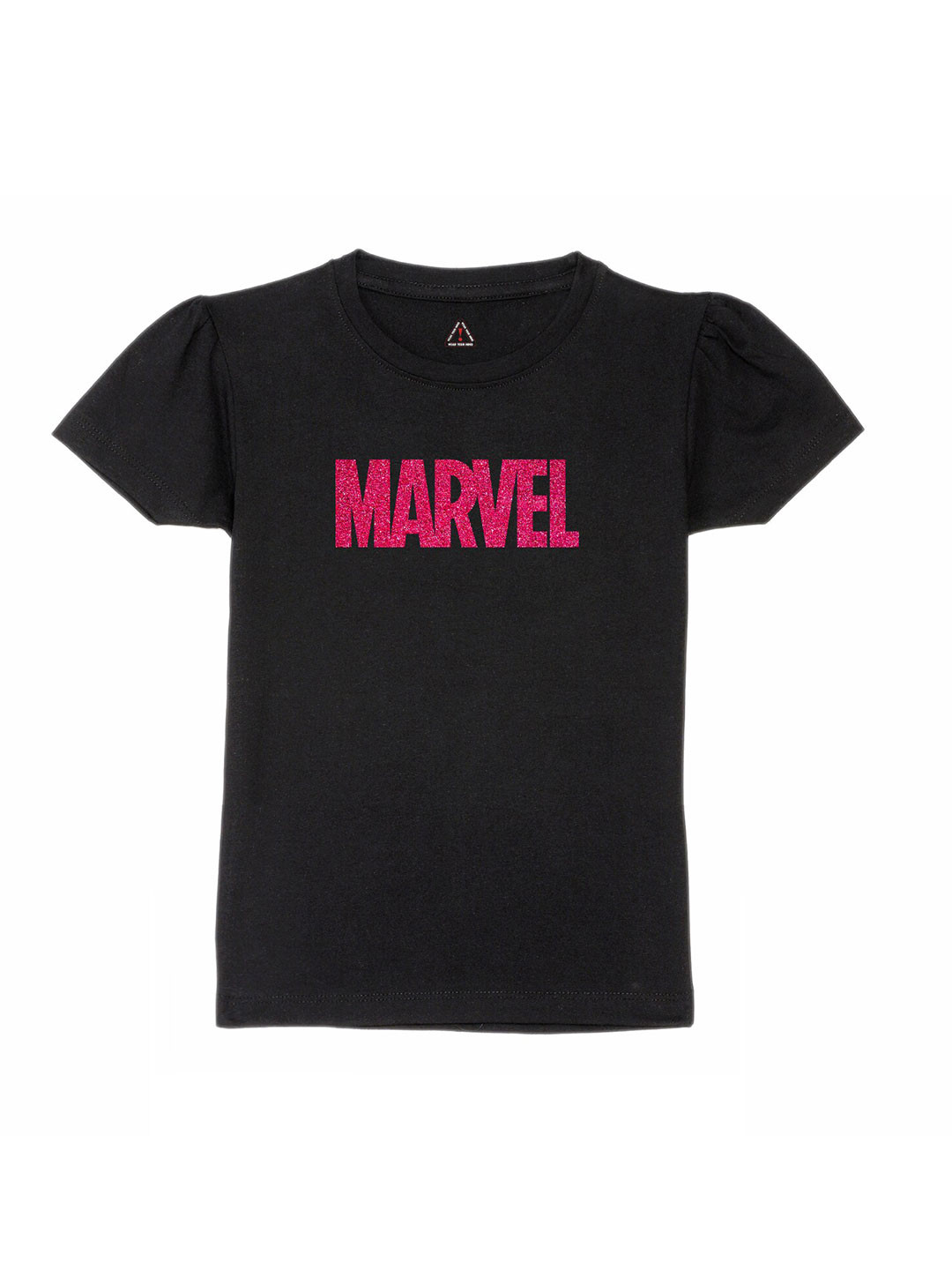 

Wear Your Mind Girls Marvel Typography Printed Puffed Sleeves Pure Cotton T-Shirt, Black