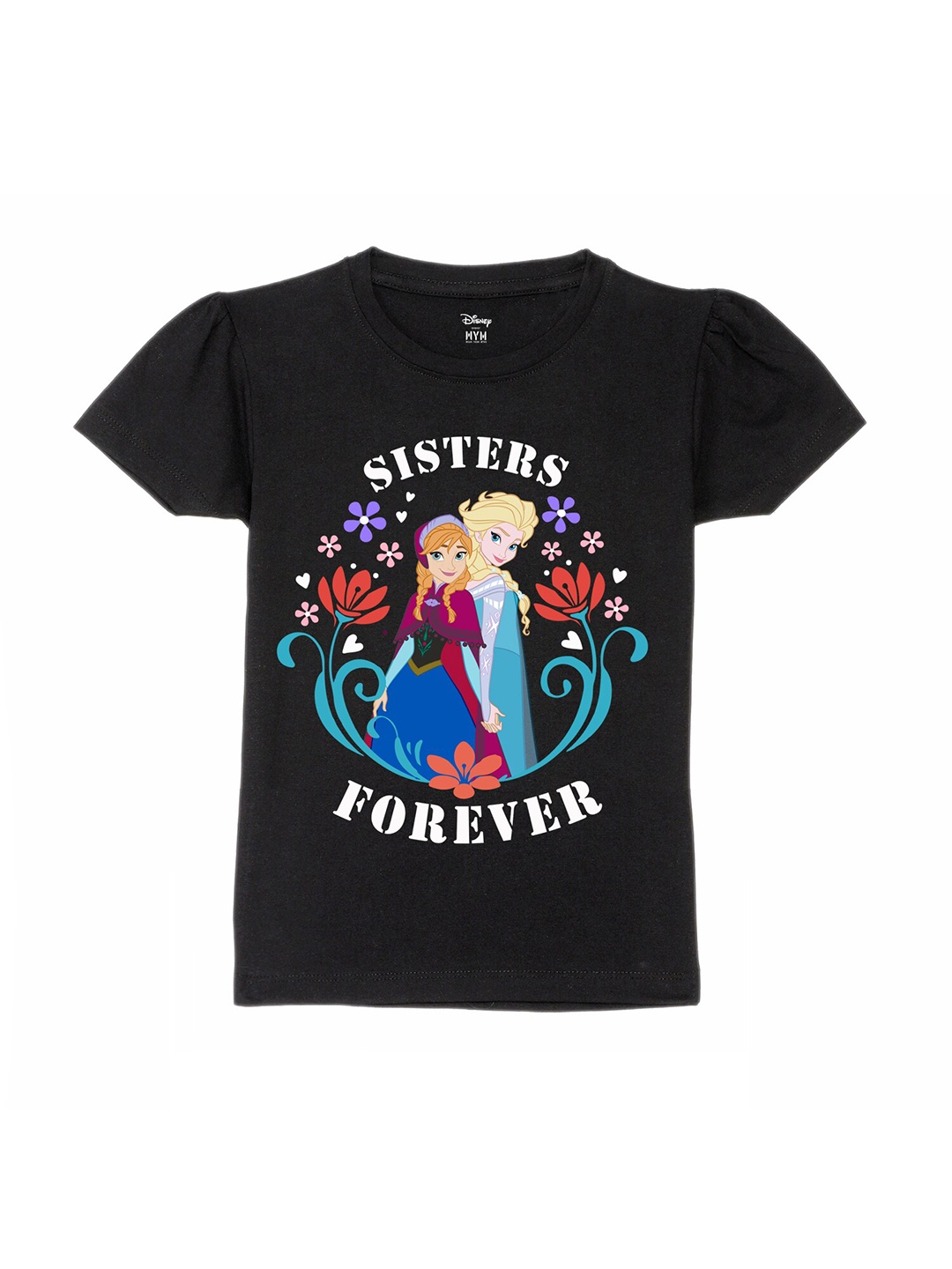 

Wear Your Mind Girls Elsa & Anna Printed Pure Cotton T-shirt, Black