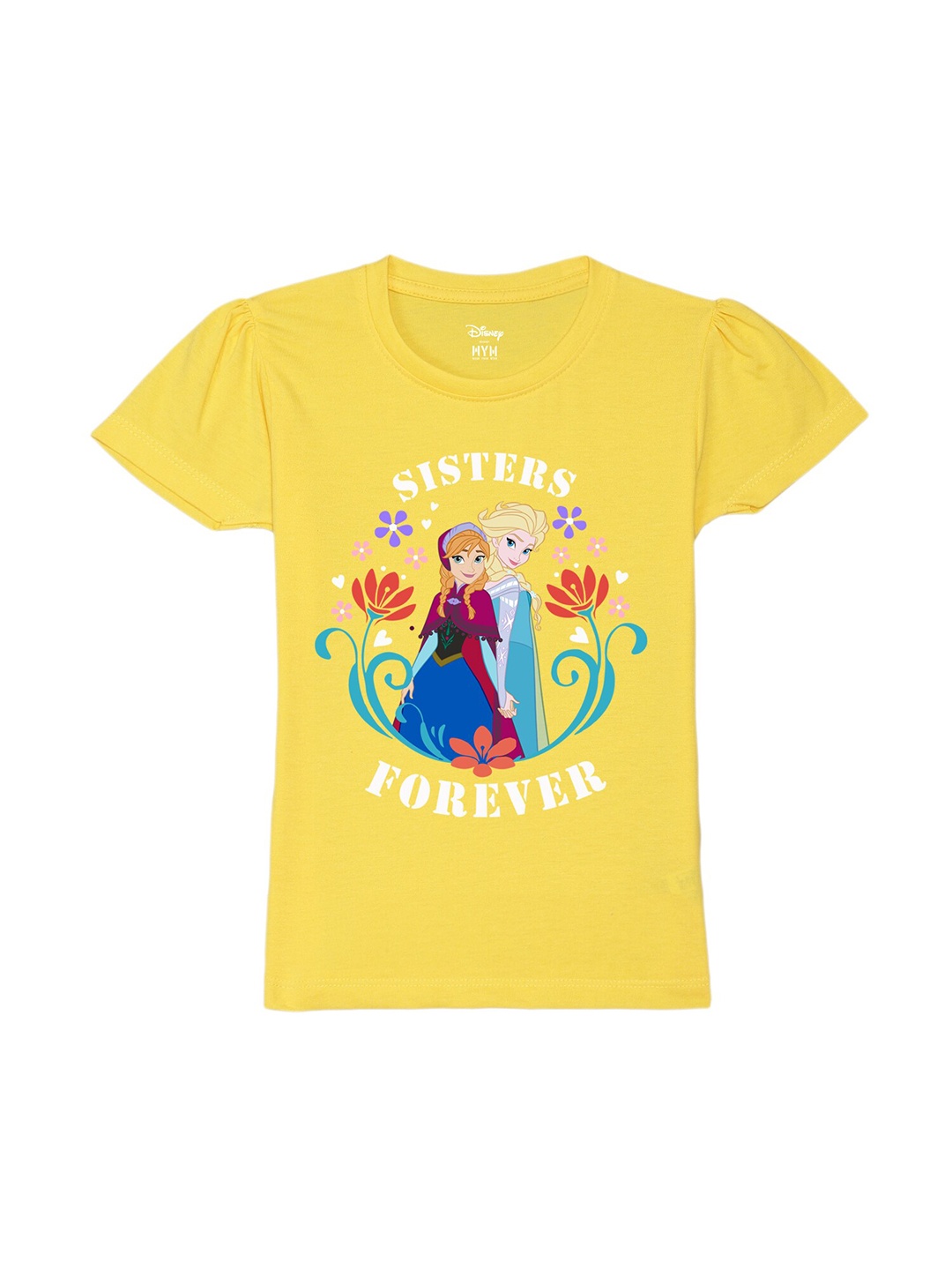 

Wear Your Mind Girls Printed Round Neck Puff Sleeves Pure Cotton T-shirt, Yellow