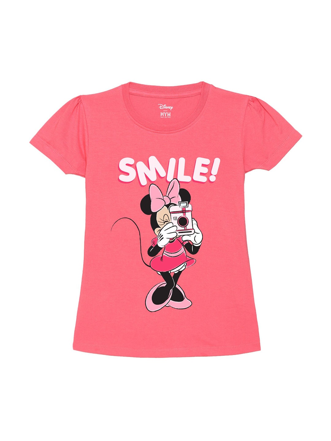 

Wear Your Mind Girls Humour And Comic Minnie Mouse Puffed Sleeves Pure Cotton T-Shirt, Pink