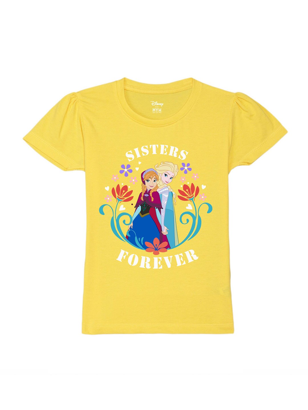 

Wear Your Mind Girls Humour And Comic Elsa & Anna Puffed Sleeves Pure Cotton T-Shirt, Yellow