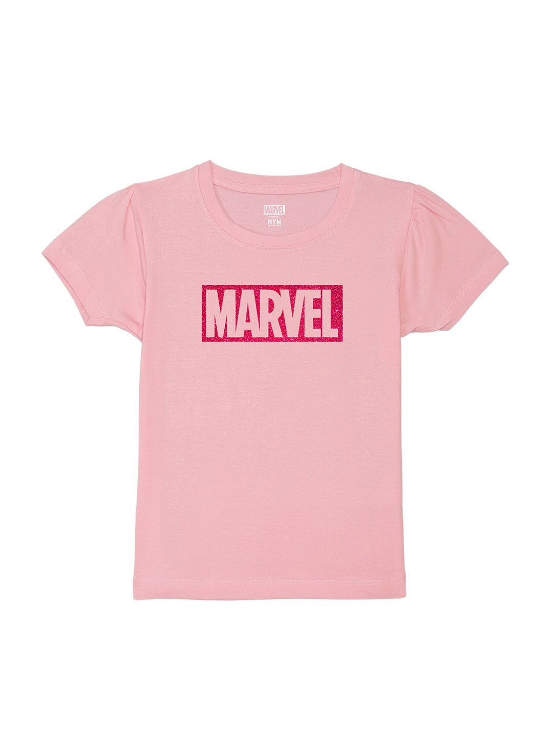 

Wear Your Mind Girls Marvel Logo Glitter Printed Pure Cotton T-Shirt, Pink
