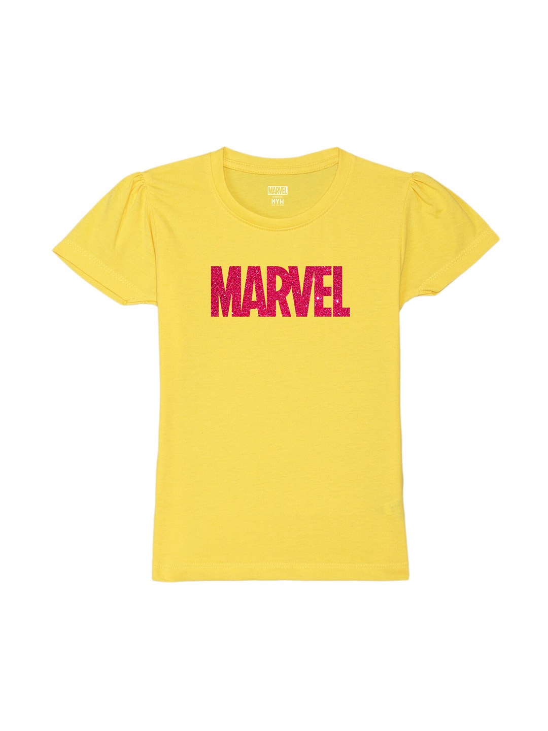 Wear Your Mind Girls Cotton Marvel Typography Printed T-shirt, Yellow