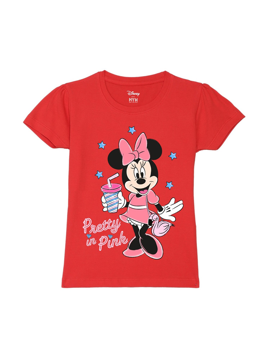 

Wear Your Mind Girls Minnie Mouse Printed Puff Sleeves Pure Cotton T-shirt, Red