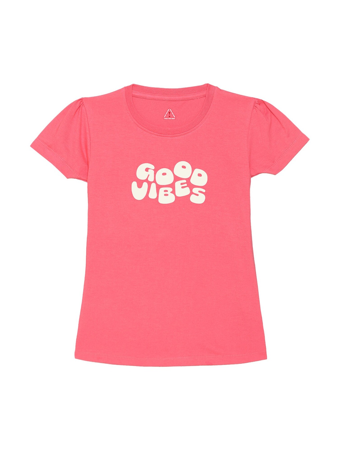 

Wear Your Mind Girls Typography Printed Puff Sleeves Pure Cotton T-shirt, Pink