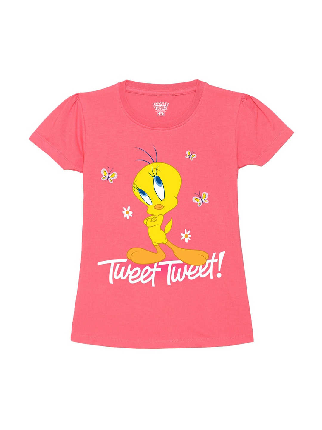 

Wear Your Mind Girls Tweety Printed Puff Sleeves Pure Cotton T-shirt, Pink