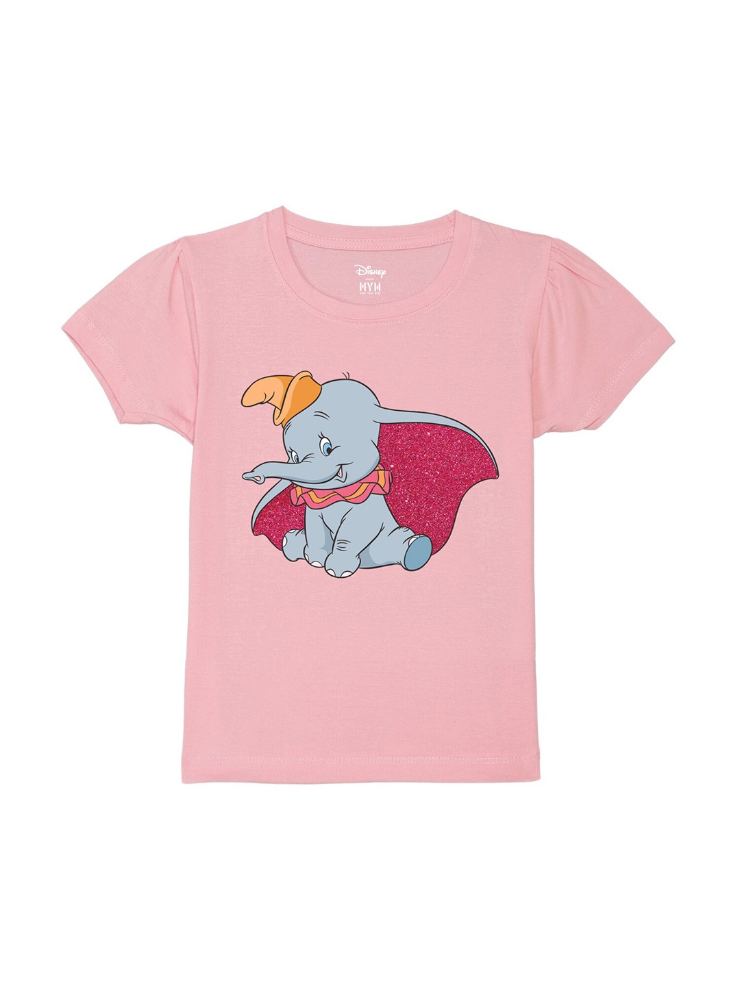 

Wear Your Mind Girls Dumbo Printed Puff Sleeves Pure Cotton T-shirt, Pink