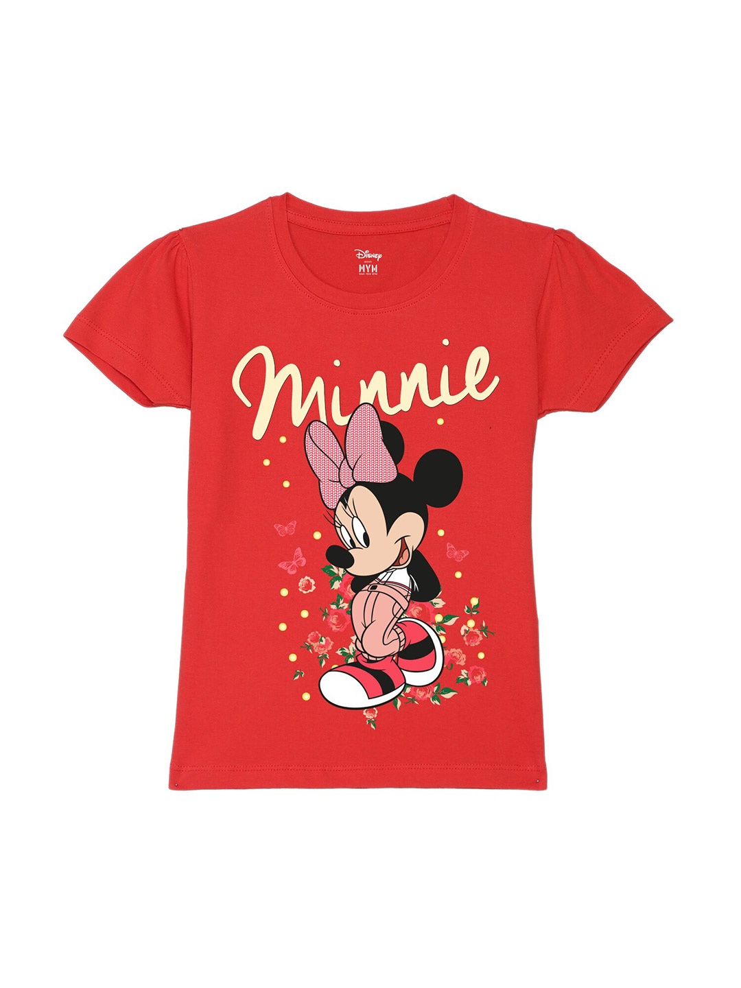 

Wear Your Mind Girls Minnie Mouse Printed Puff Sleeves Pure Cotton T-shirt, Red
