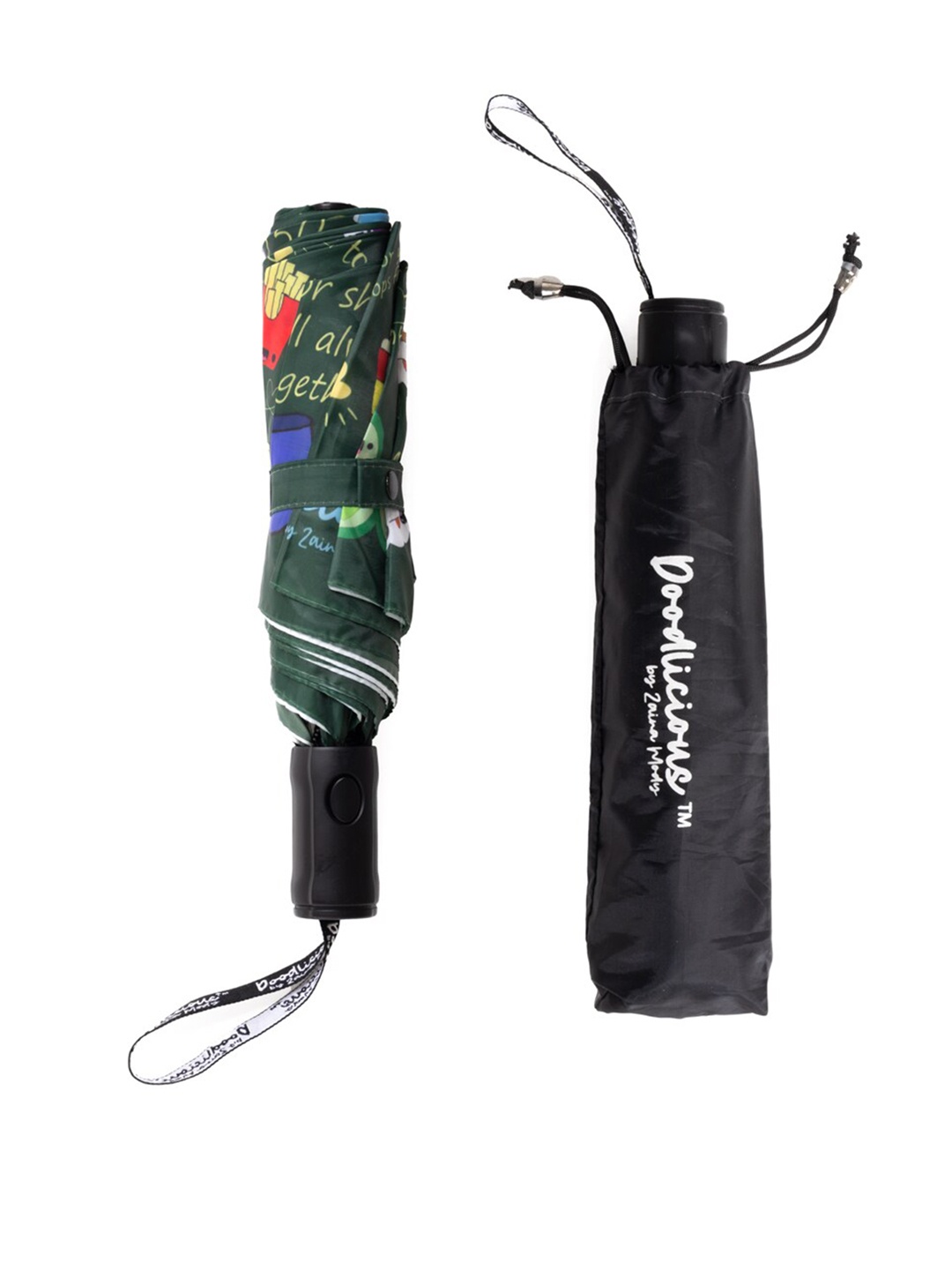 

Doodlicious Couple Doodle Printed 3-Fold Semi Auto Umbrella With UV & Rain Protection, Green