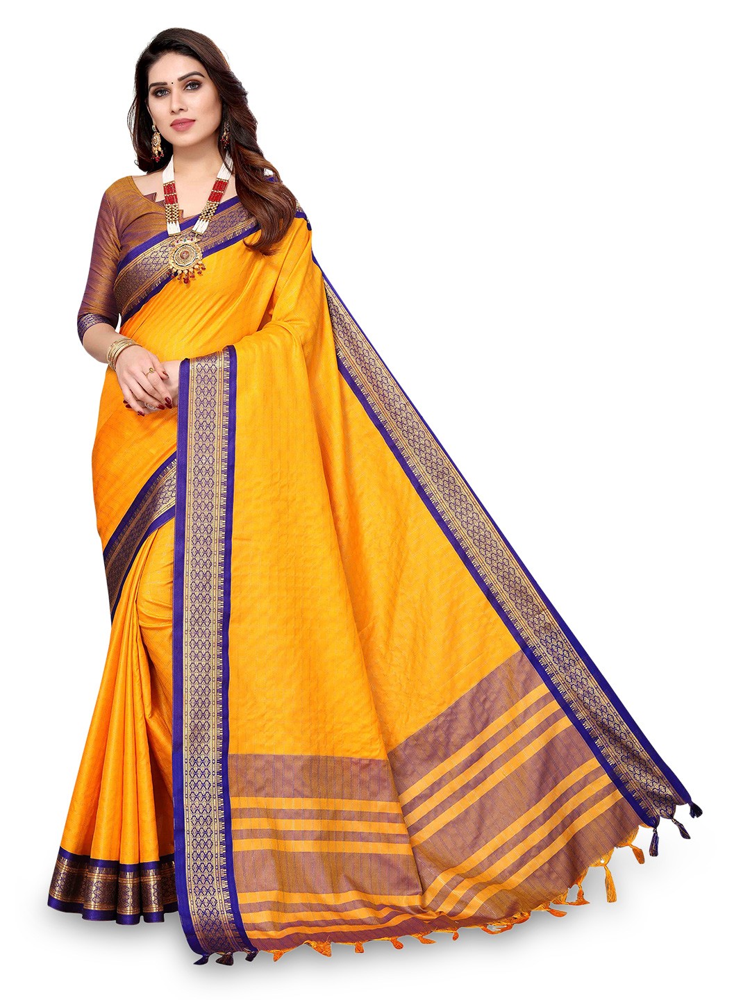 

MAGMINA Woven Design Zari Silk Cotton Kanjeevaram Saree, Yellow
