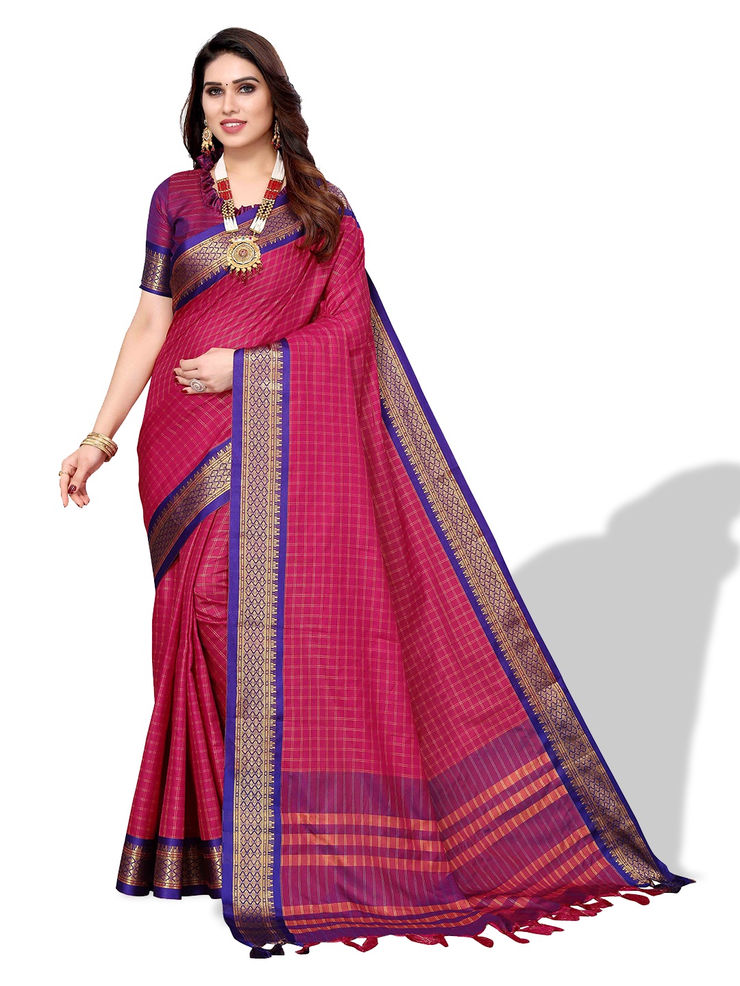 

MAGMINA Checked Zari Silk Cotton Kanjeevaram Saree, Pink