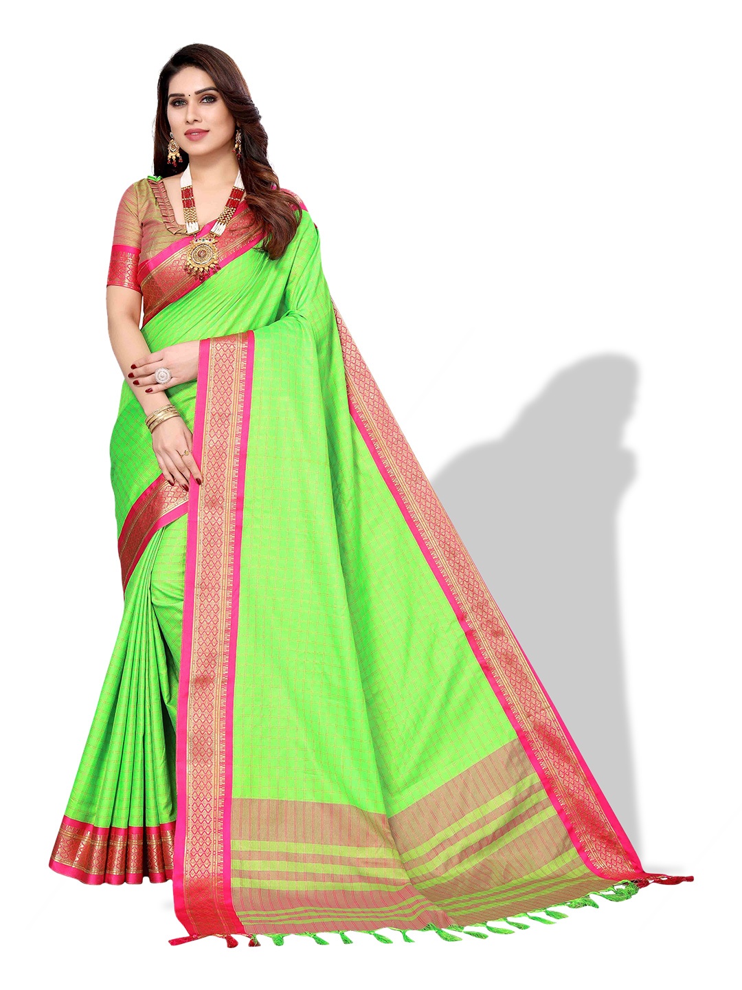 

MAGMINA Woven Design Zari Silk Cotton Kanjeevaram Saree, Green