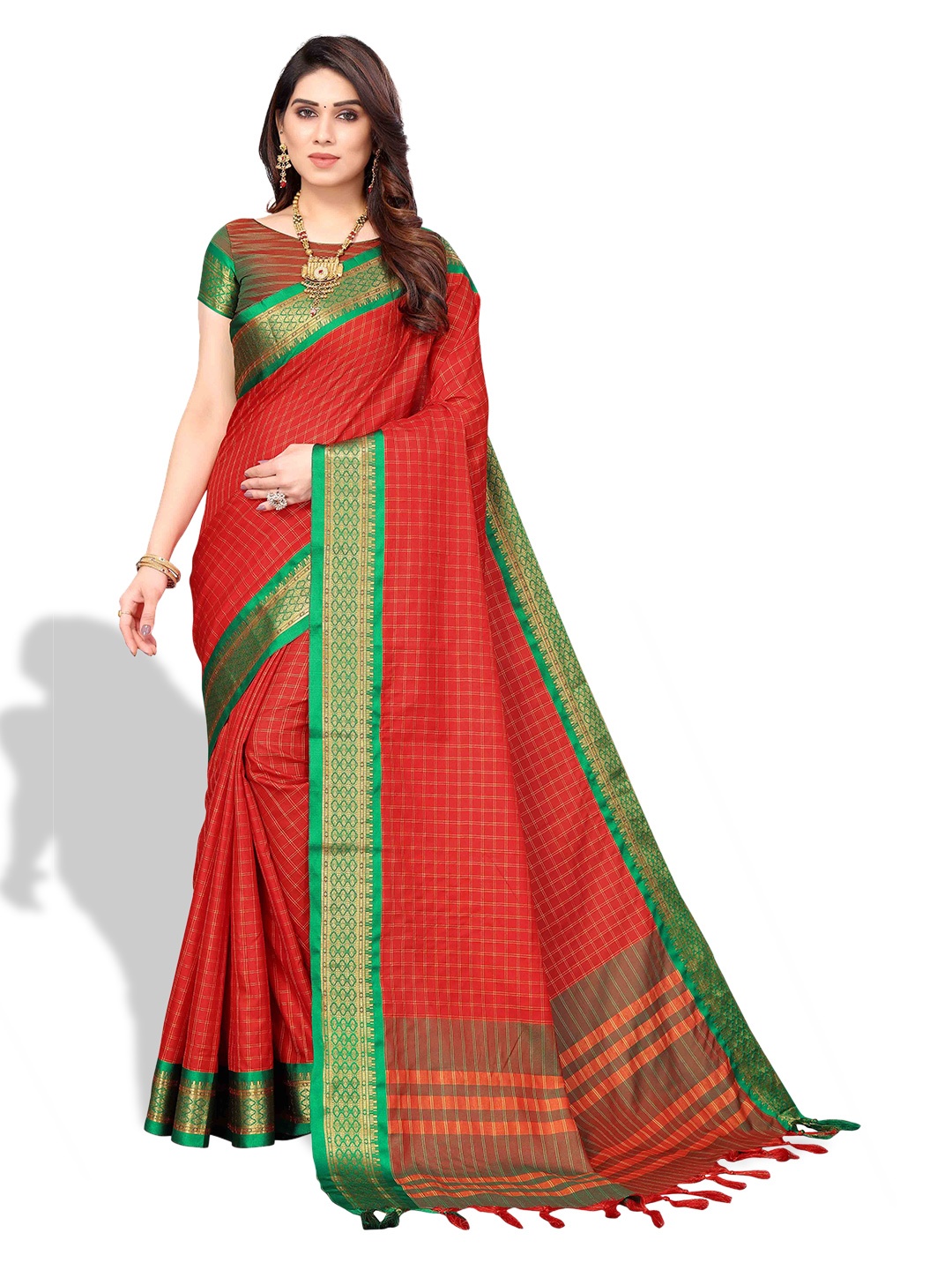

MAGMINA Woven Design Zari Silk Cotton Kanjeevaram Saree, Red
