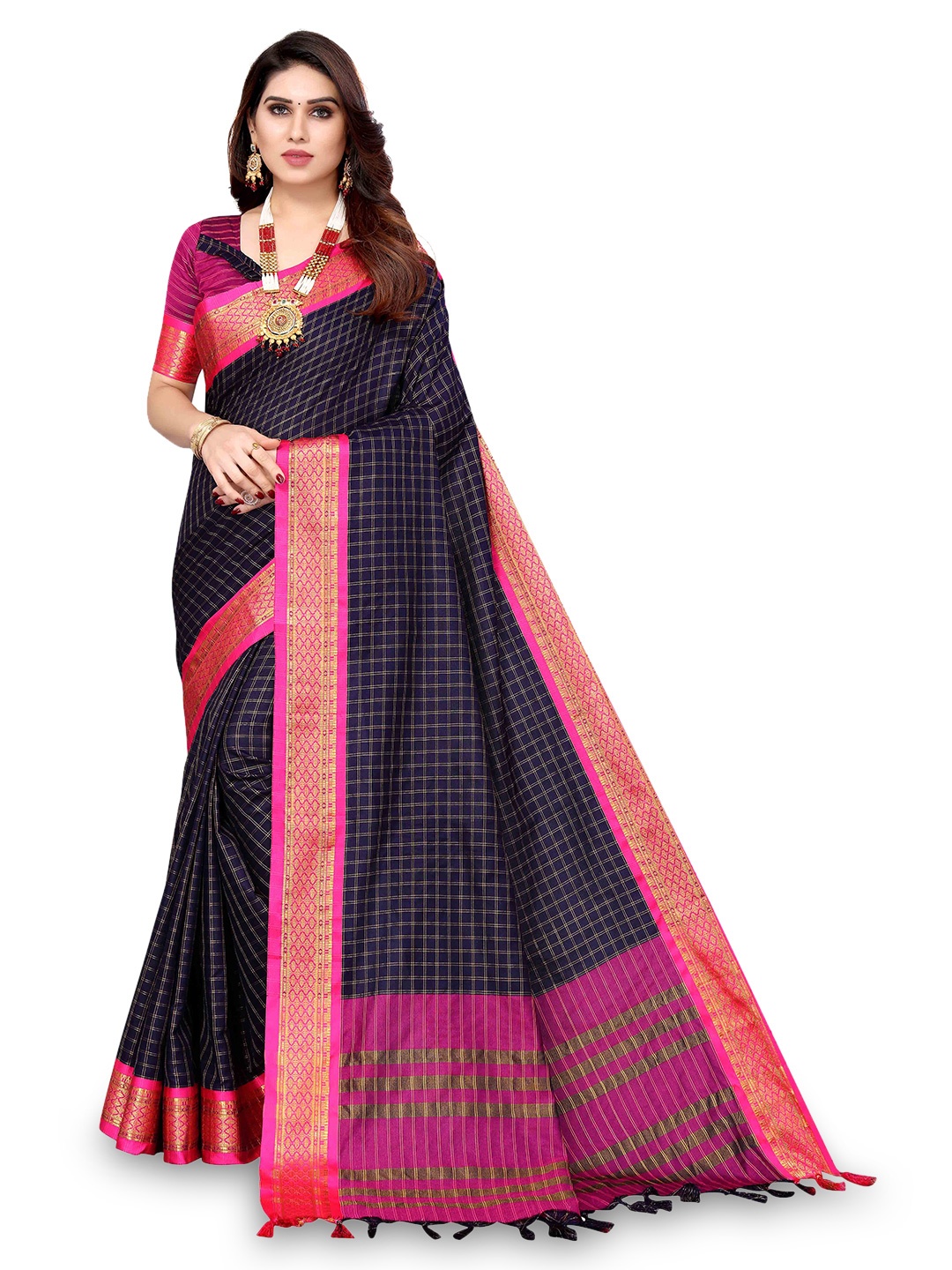 

MAGMINA Checked Zari Silk Cotton Kanjeevaram Saree, Navy blue