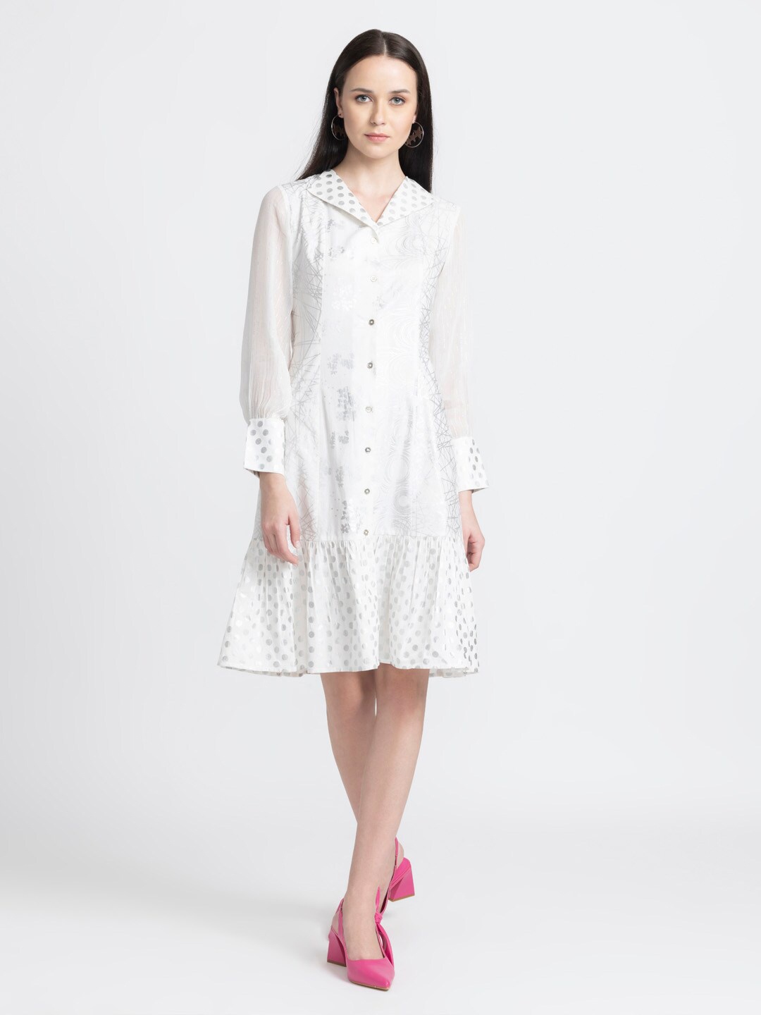 

SHAYE Abstract Printed Cuffed Sleeves Pure Cotton Fit & Flare Dress, White