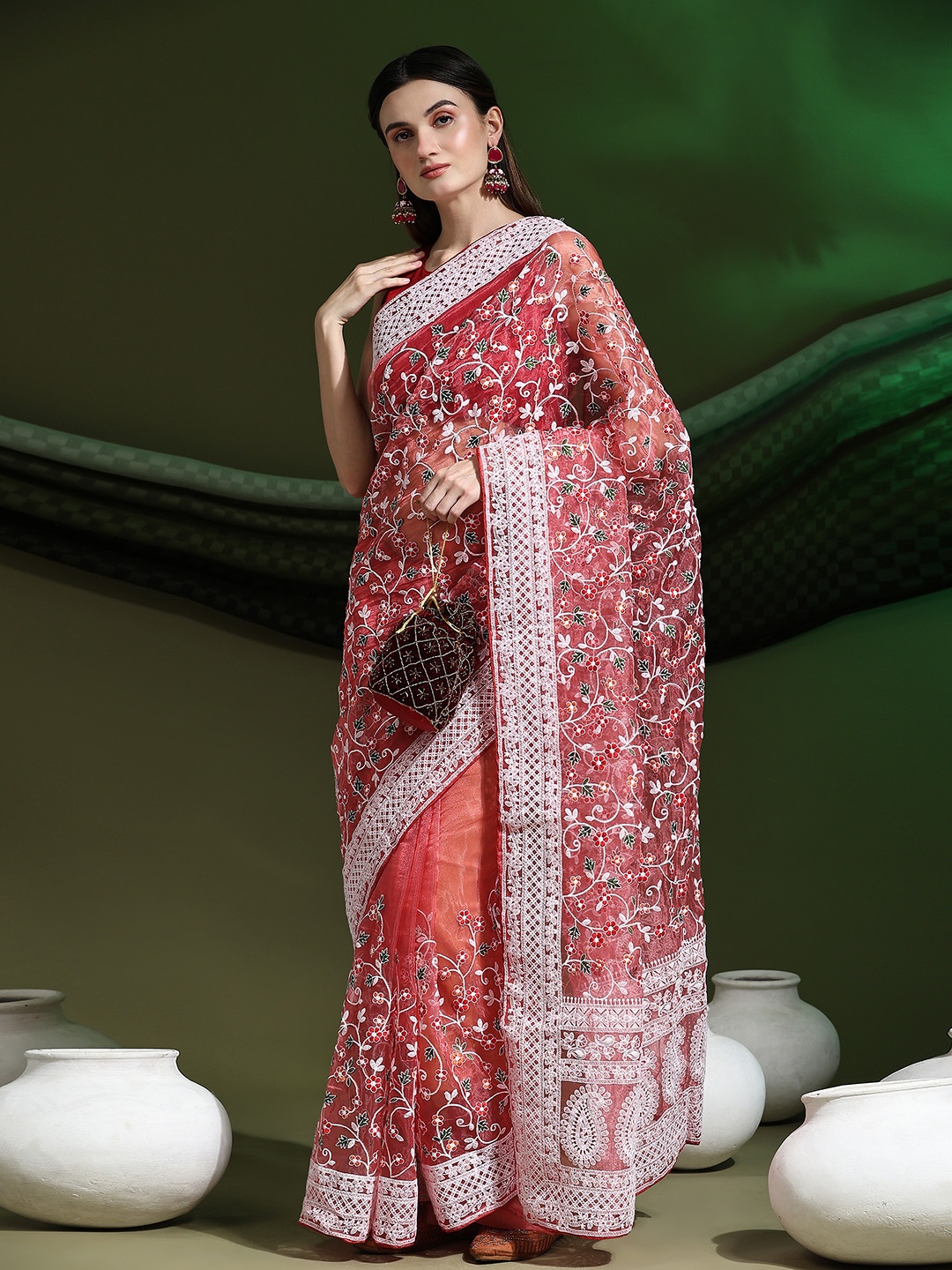 

Vastrasky Global Floral Motifs Embroidered Saree, Red