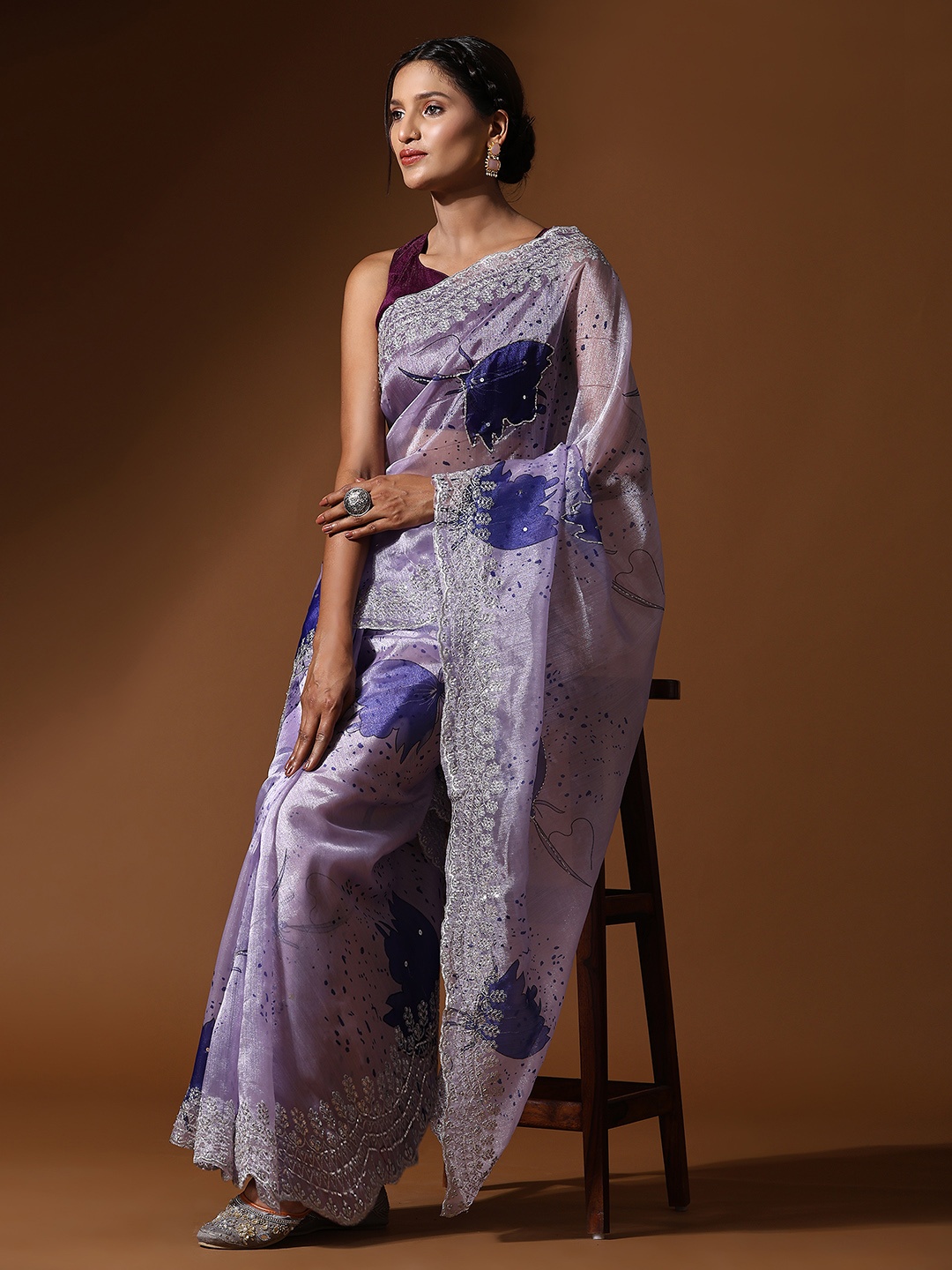 

Vastrasky Global Floral Printed Embroidered Organza Saree, Blue