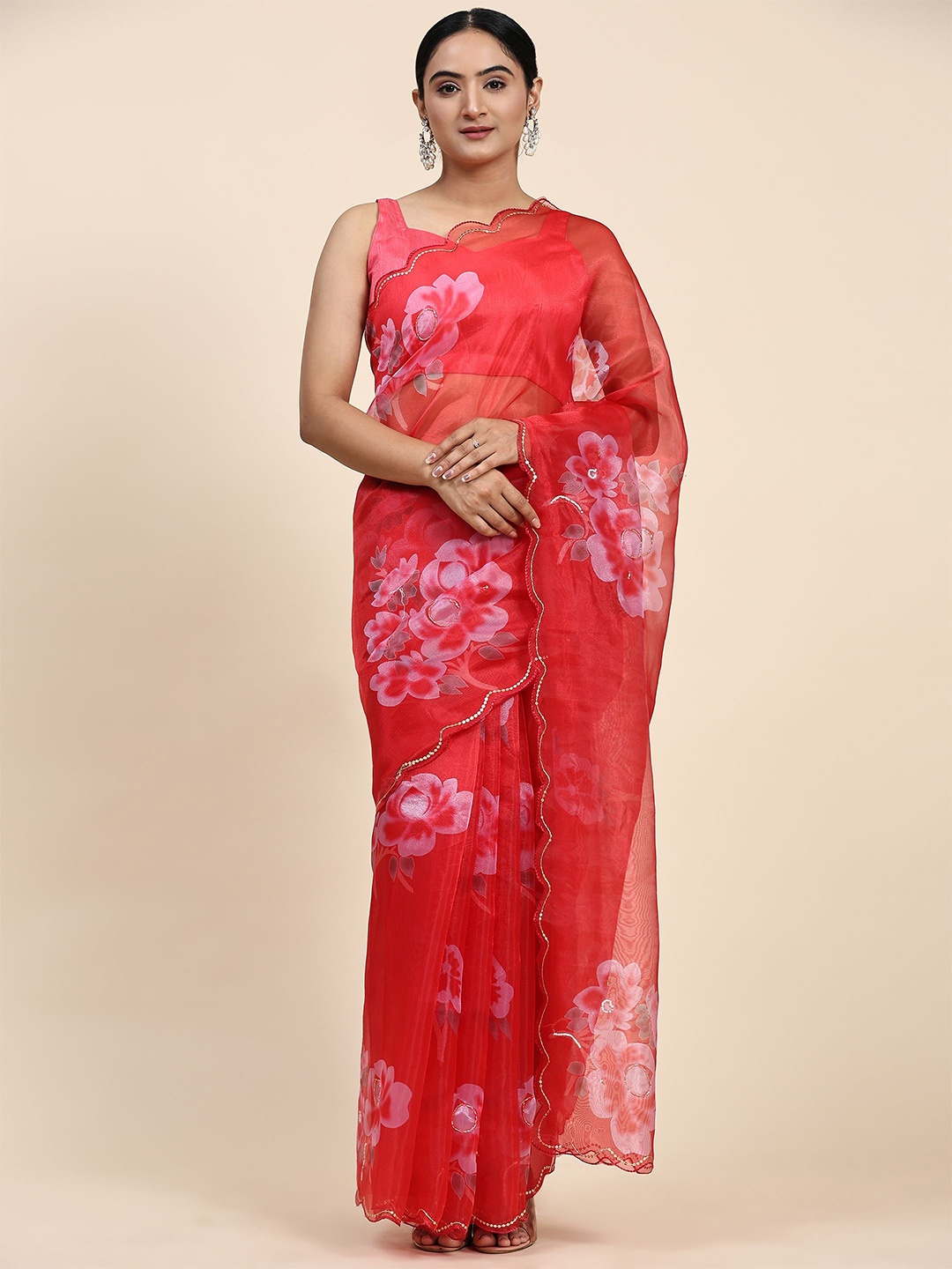 

Vastrasky Global Floral Printed Embroidered Border Organza Sarees, Red