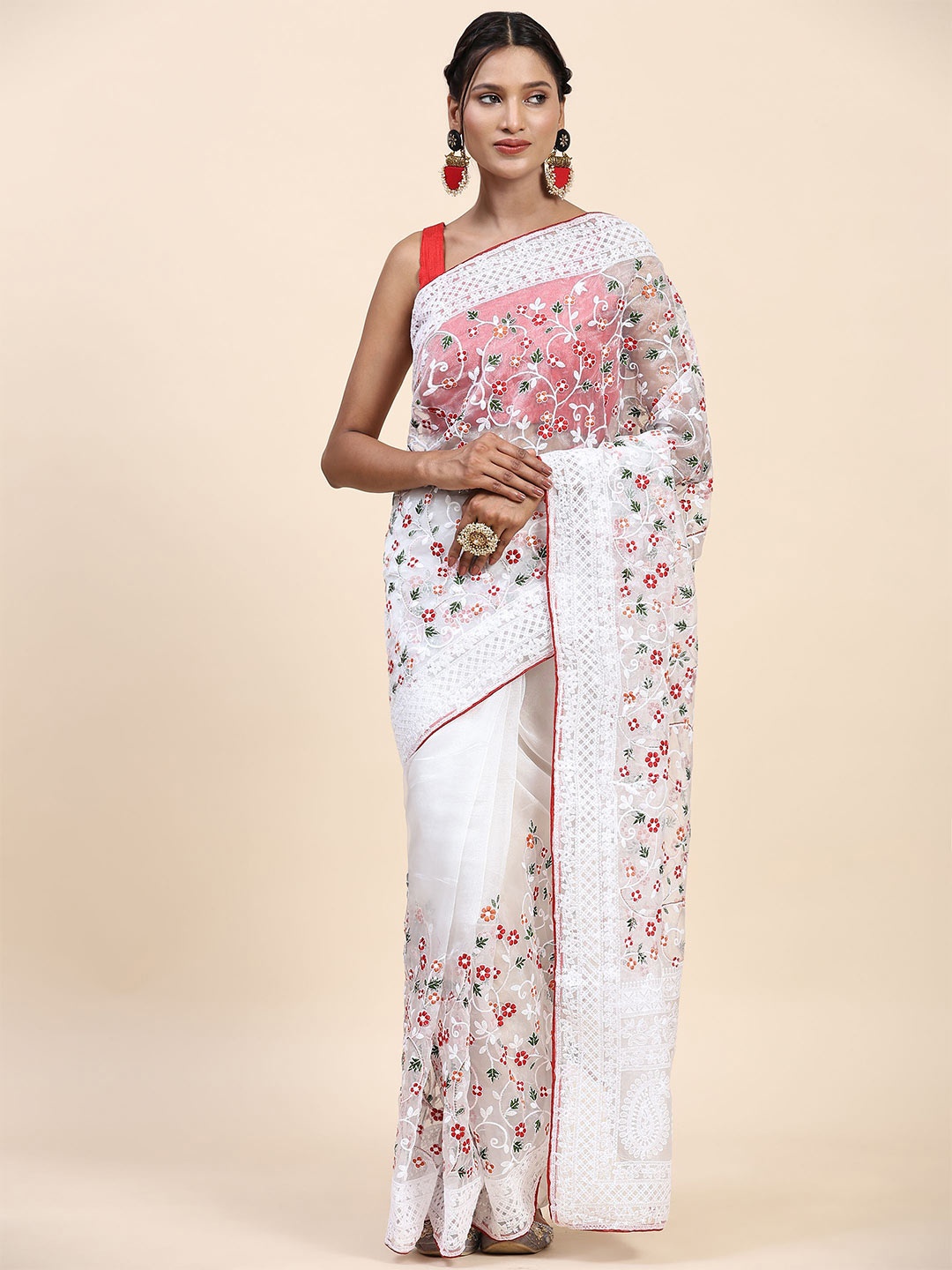 

Vastrasky Global Floral Embroidered Organza Sarees, White
