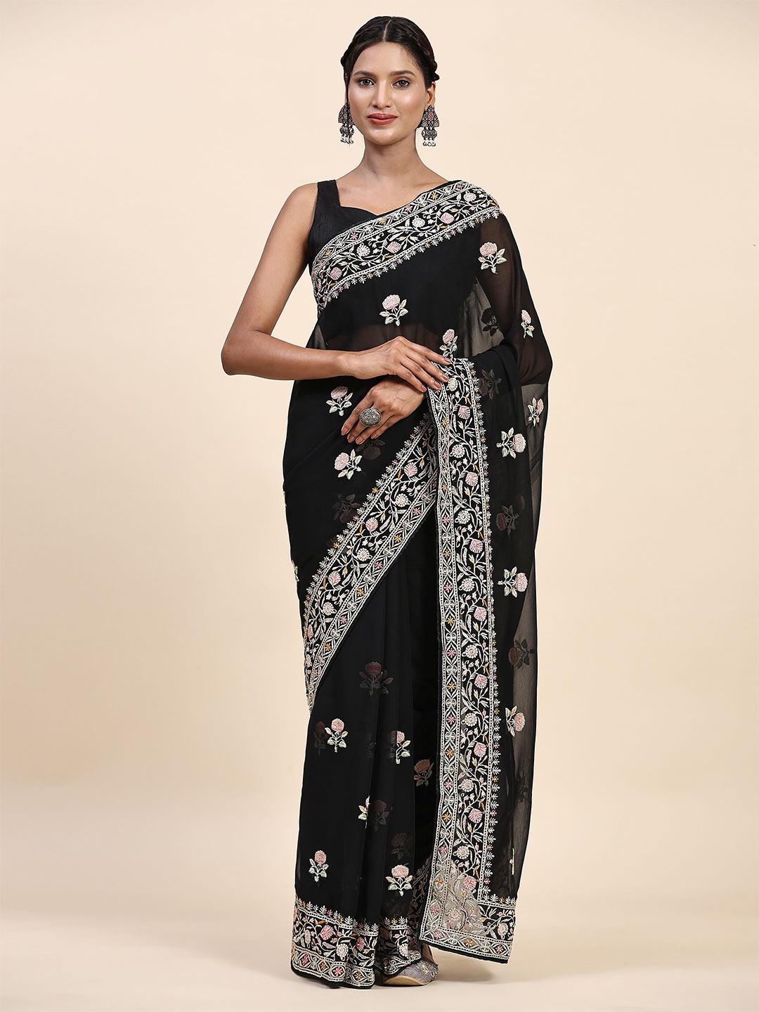 

Vastrasky Global Floral Embroidered Pure Georgette Saree, Black