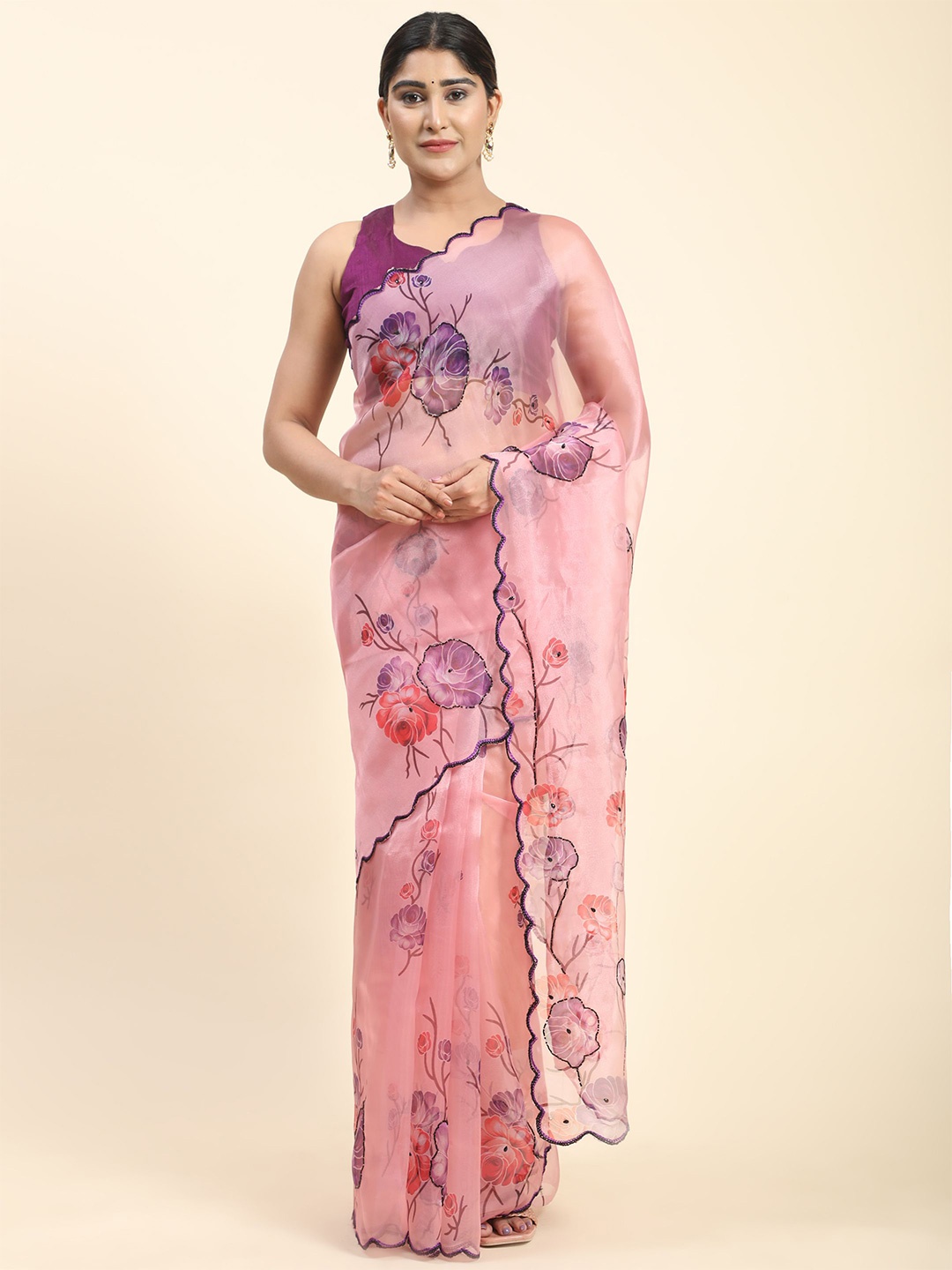 

Vastrasky Global Floral Printed Sequinned Organza Saree, Pink