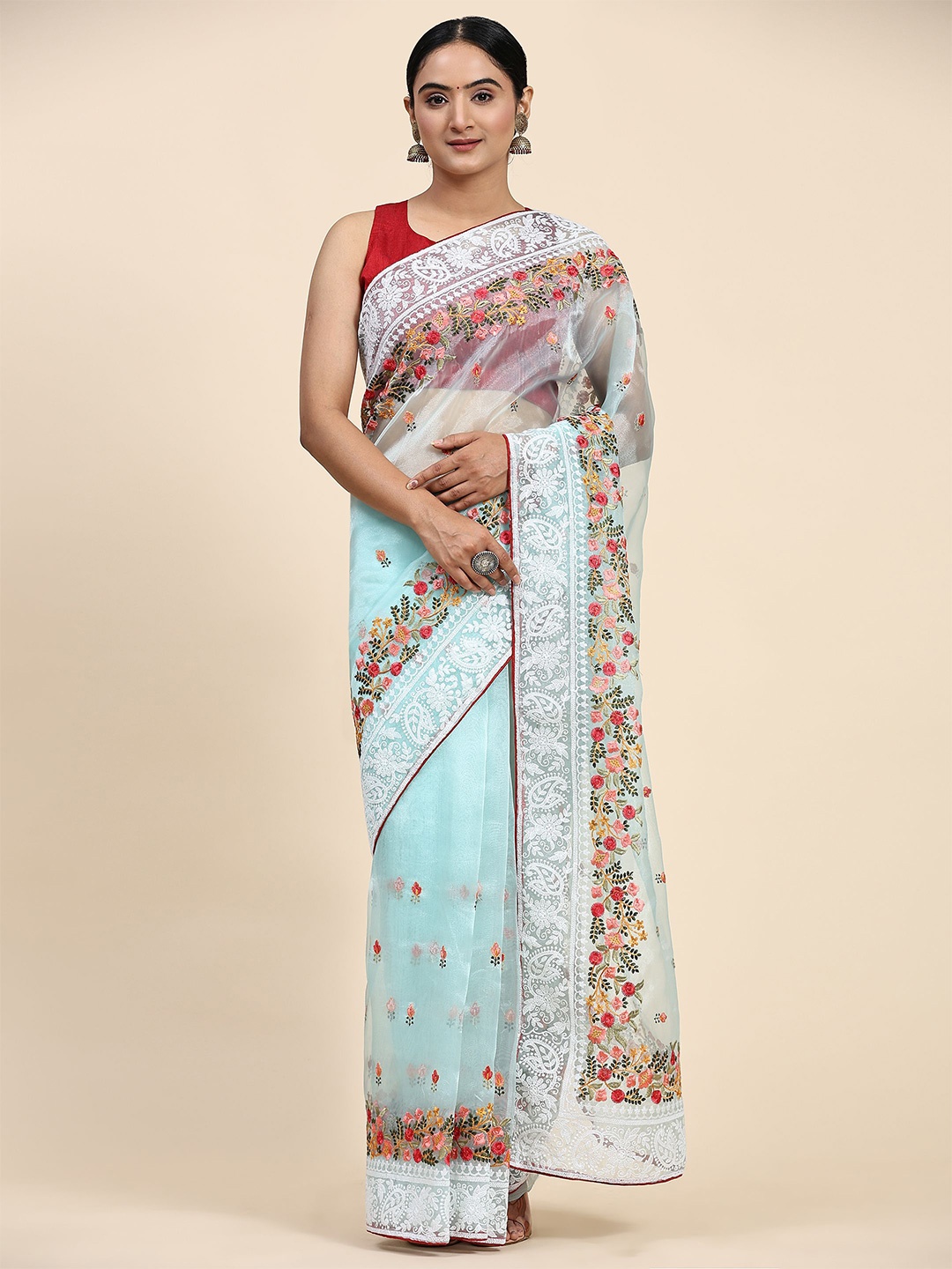 

Vastrasky Global Floral Embroidered Organza Saree, Sea green
