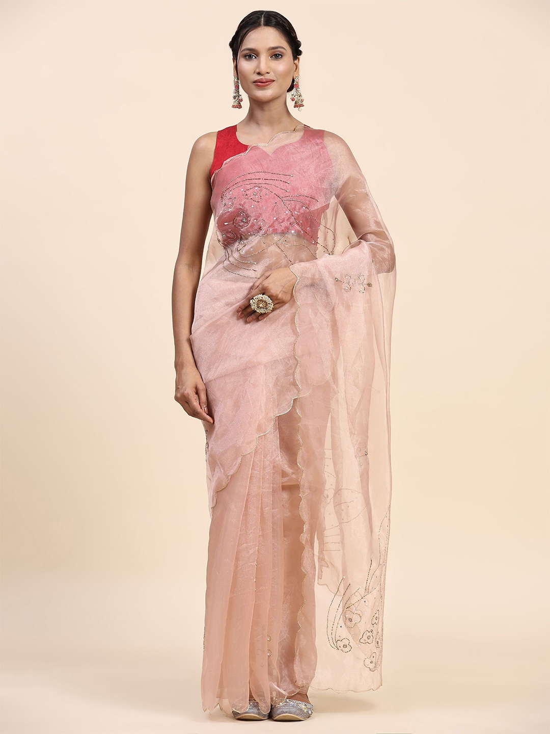 

Vastrasky Global Beads & Stones Embellished Organza Sarees, Peach