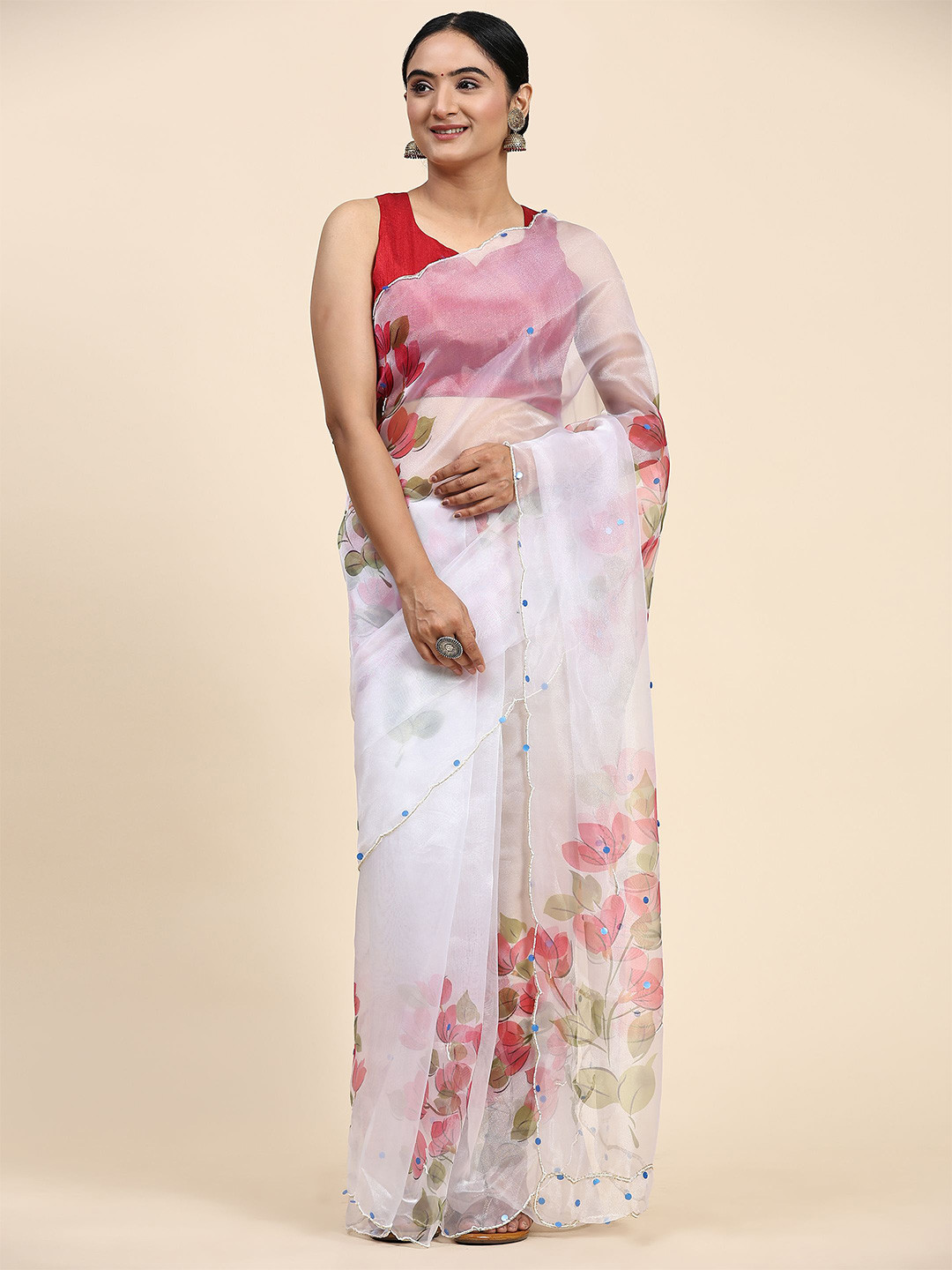 

Vastrasky Global Floral Printed Sequinned Organza Saree, White