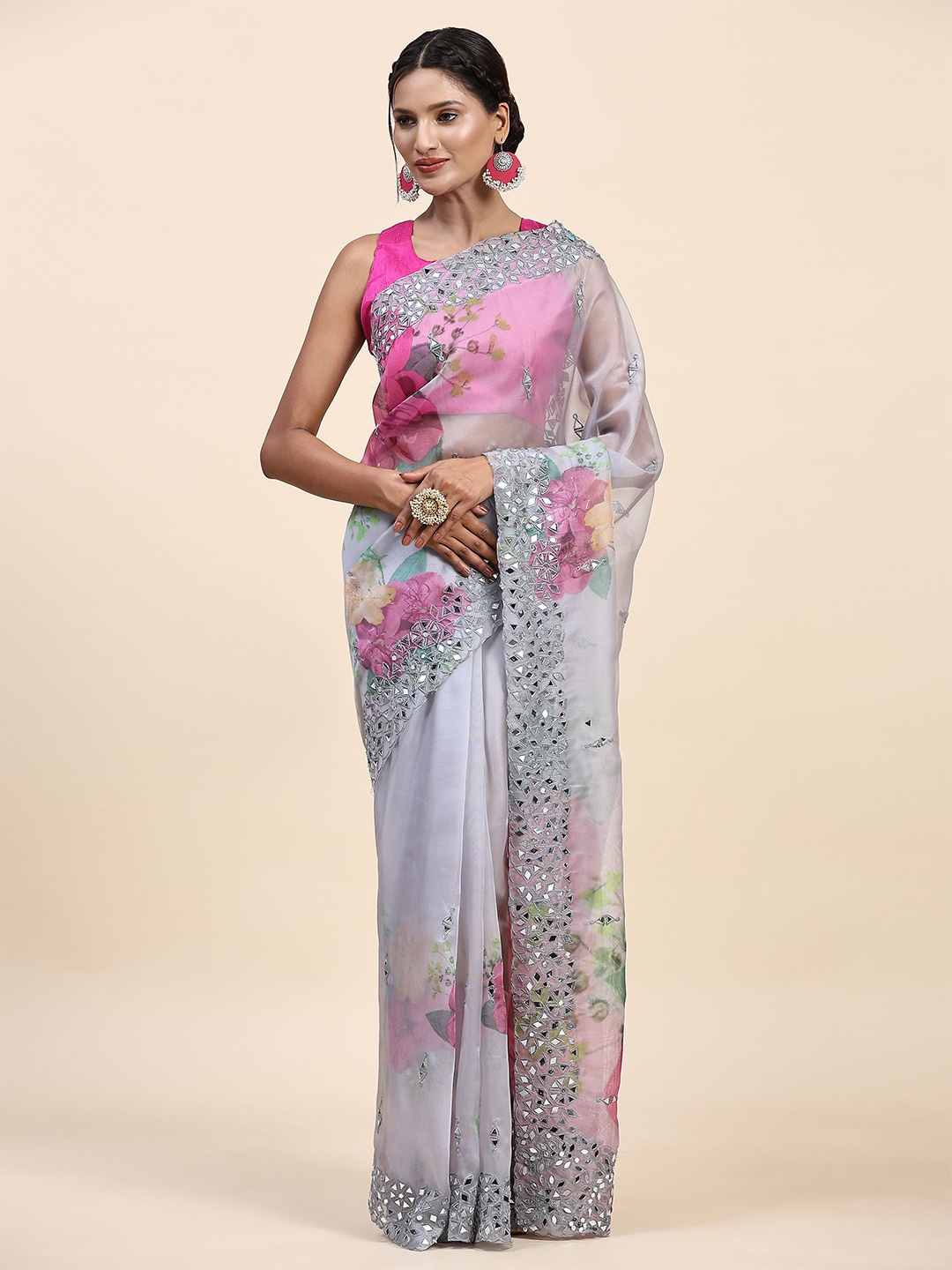 

Vastrasky Global Floral Printed Mirror Work Saree, Grey
