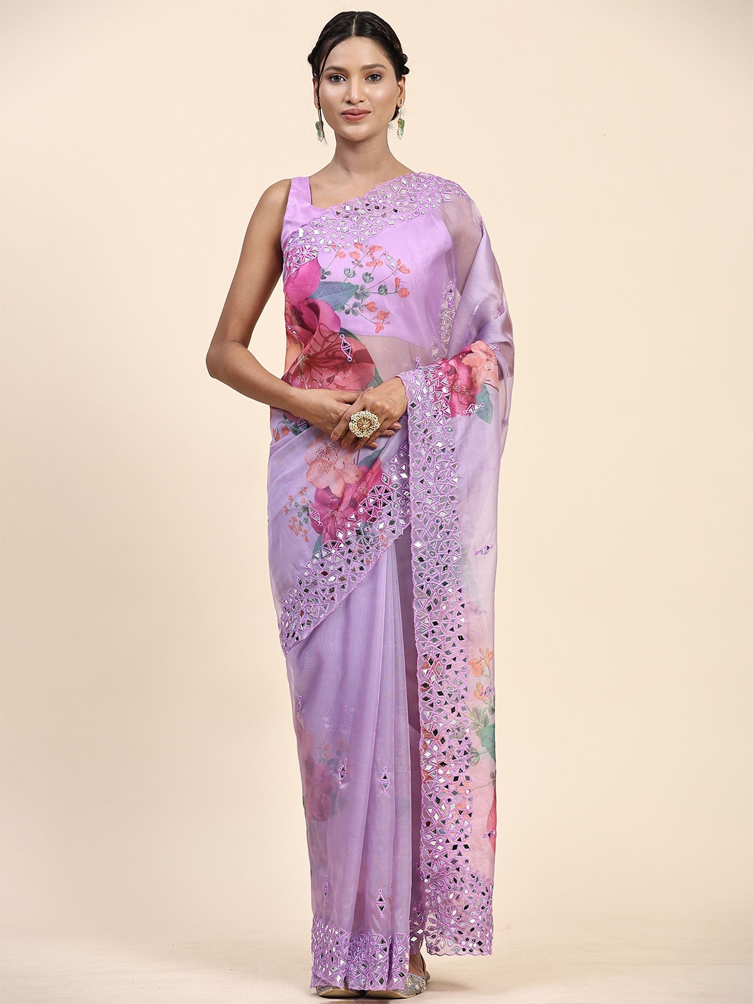 

Vastrasky Global Floral Printed Embellished Pure Georgette Saree, Lavender