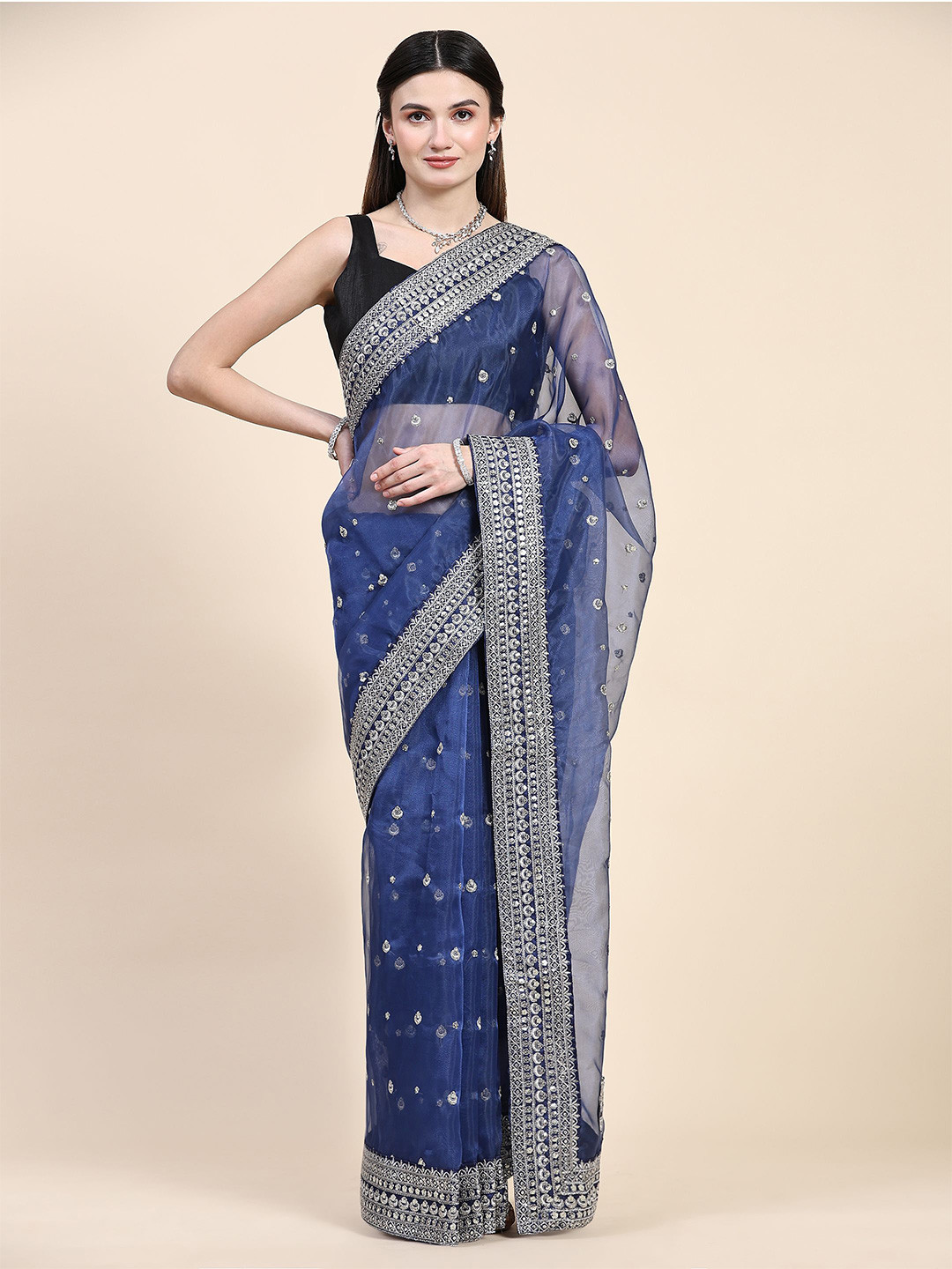 

Vastrasky Global Embroidered Organza Sarees, Blue
