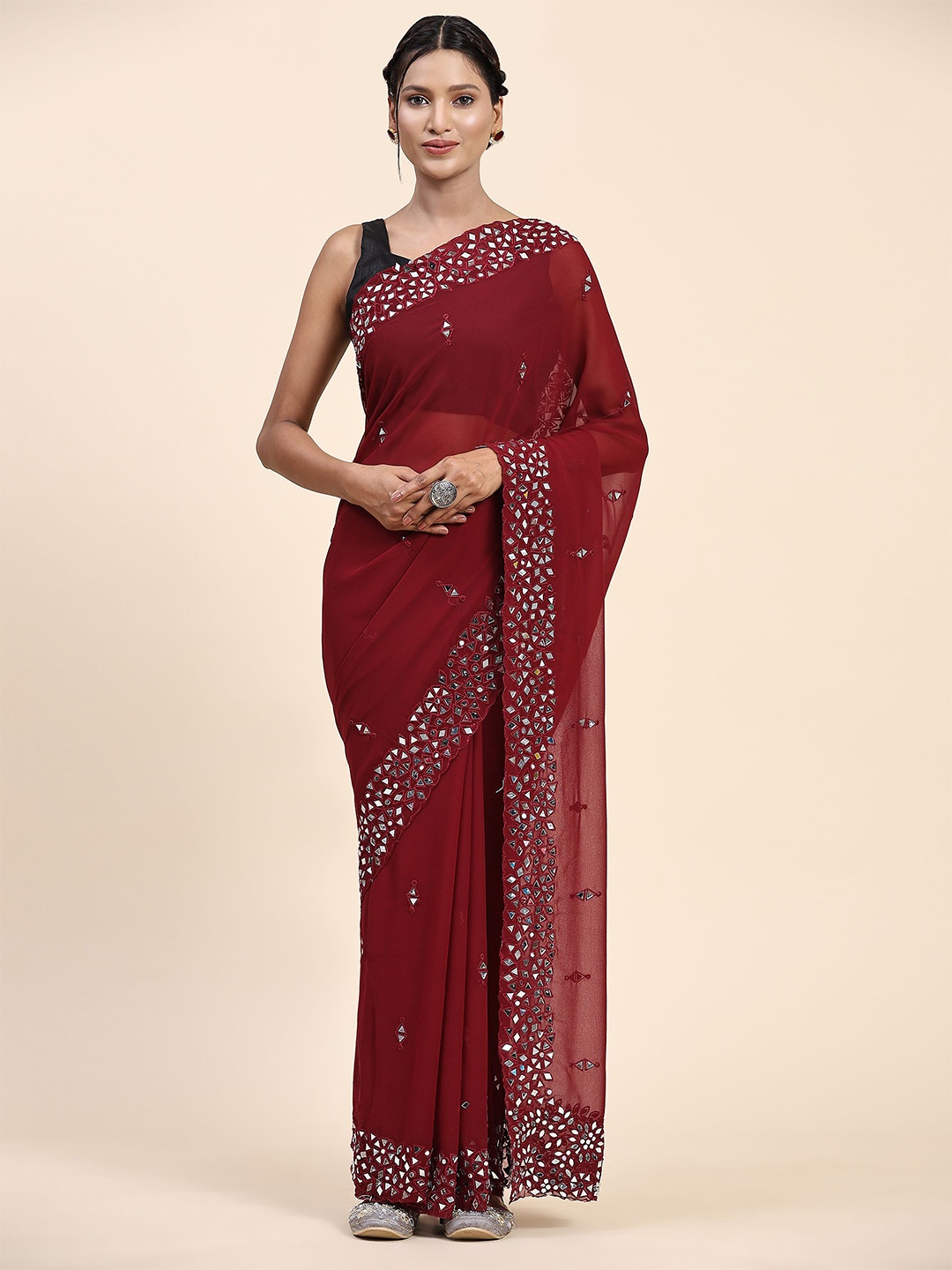 

Vastrasky Global Embellished Mirror Work Pure Georgette Sarees, Maroon