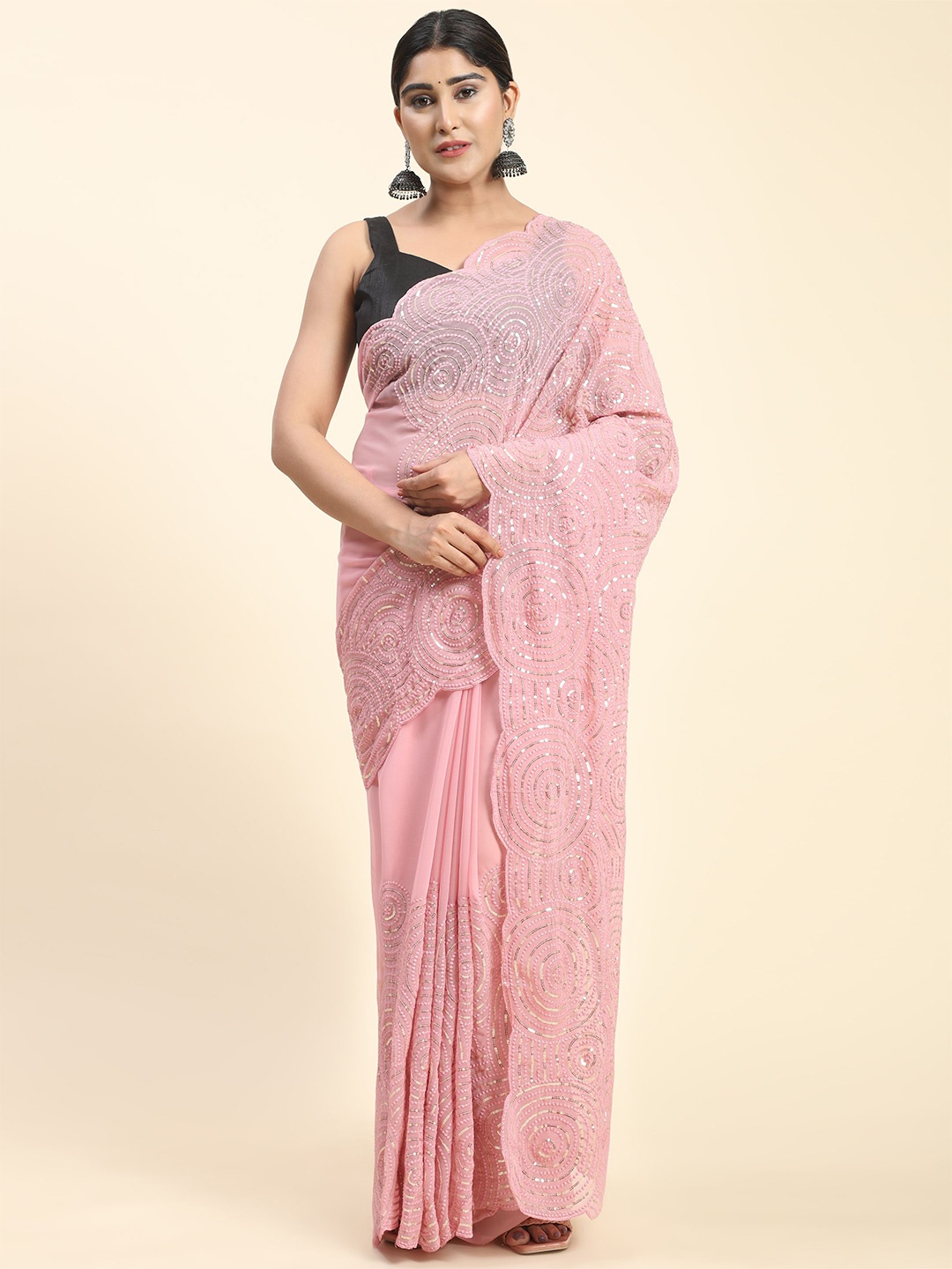 

Vastrasky Global Embellished Sequinned Pure Georgette Sarees, Peach