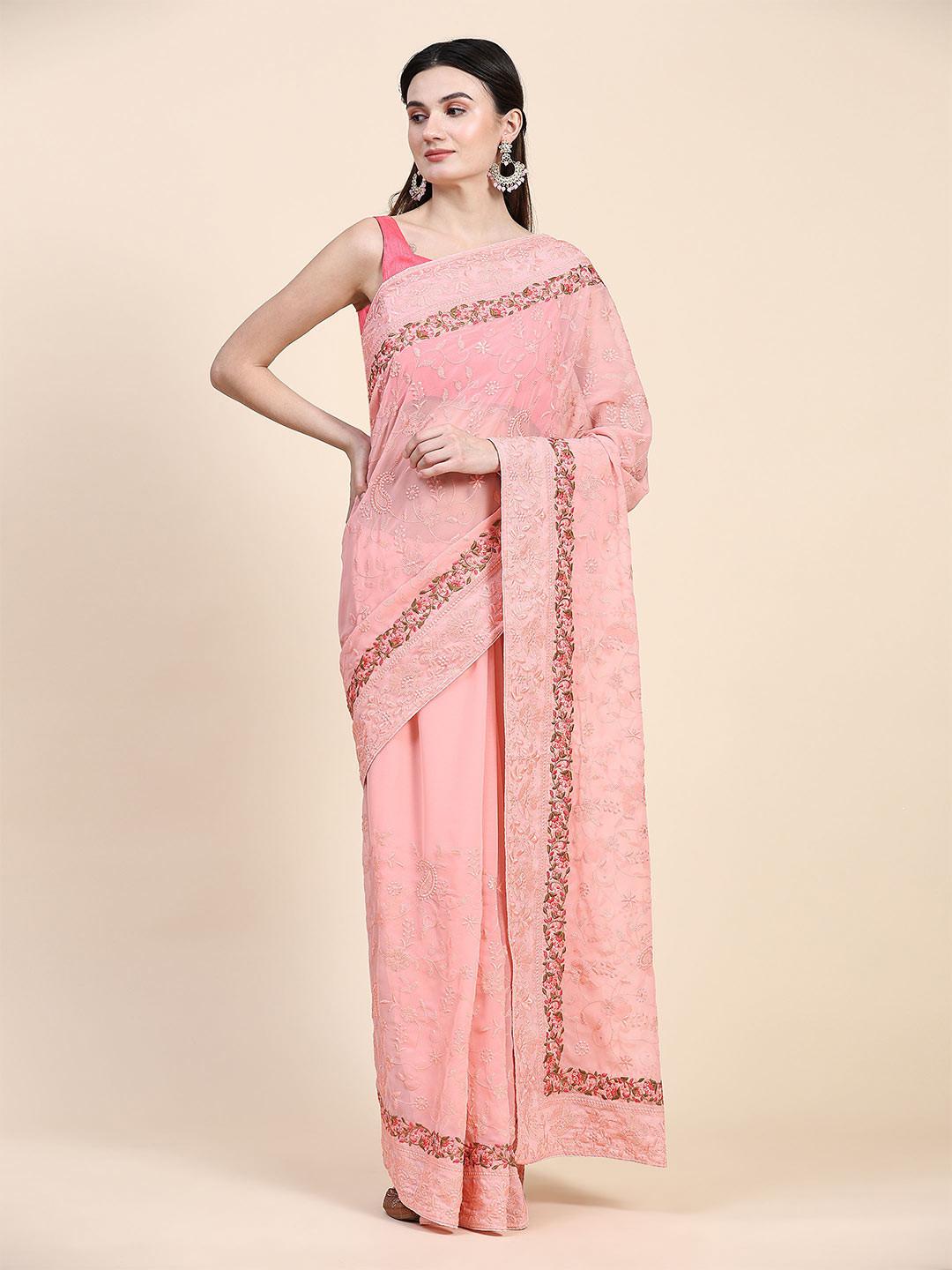 

Vastrasky Global Floral Motifs Embroidered Saree, Pink
